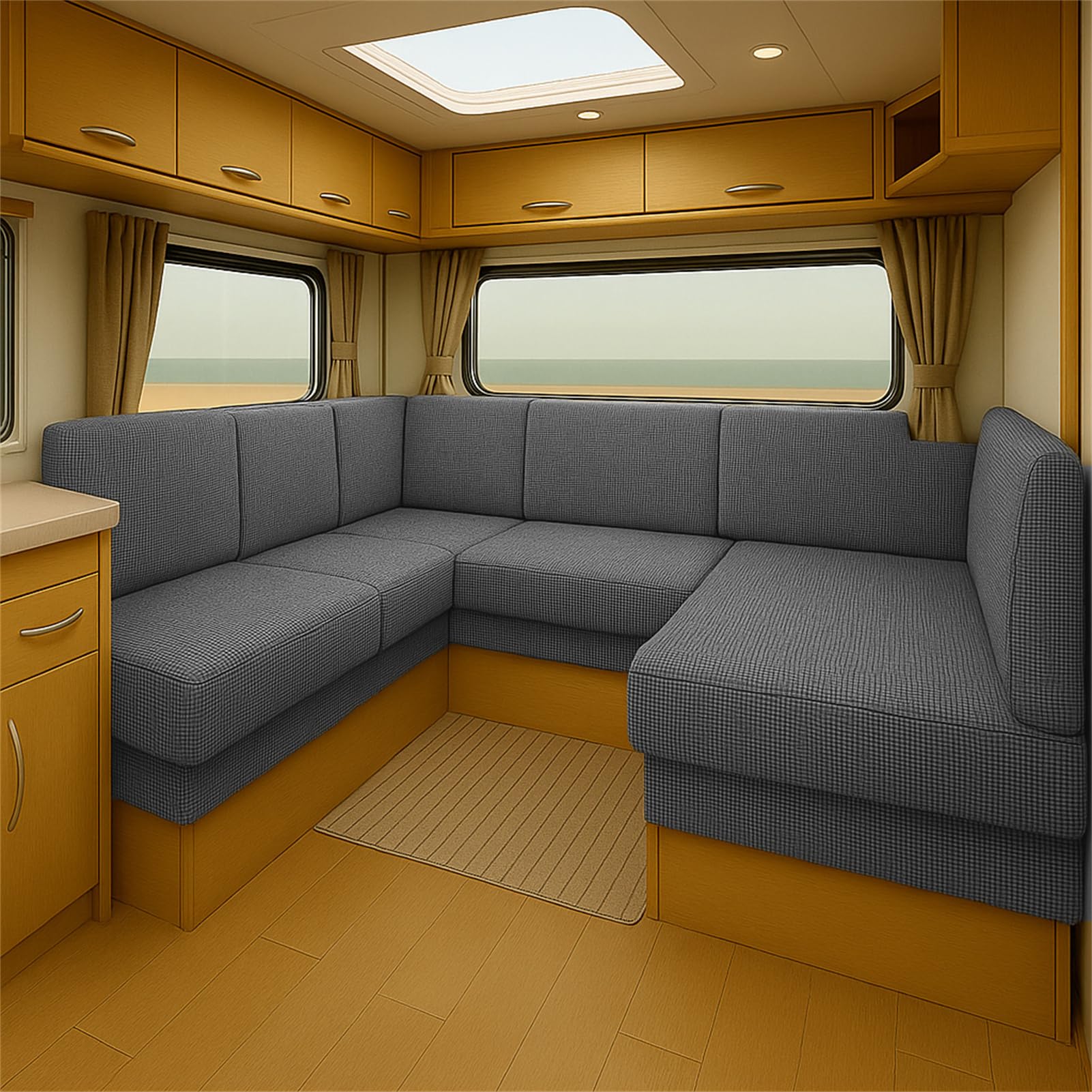 CDPTD Elastic Caravan Seat Cushion Cover for RV Bench Camper Sofa Jacquard Slipcover with Straps Washable Non-Slip Pads Dinette Pads Protector Campervan Chair Seating (Light Gray,W65-85 * L 65-85cm)