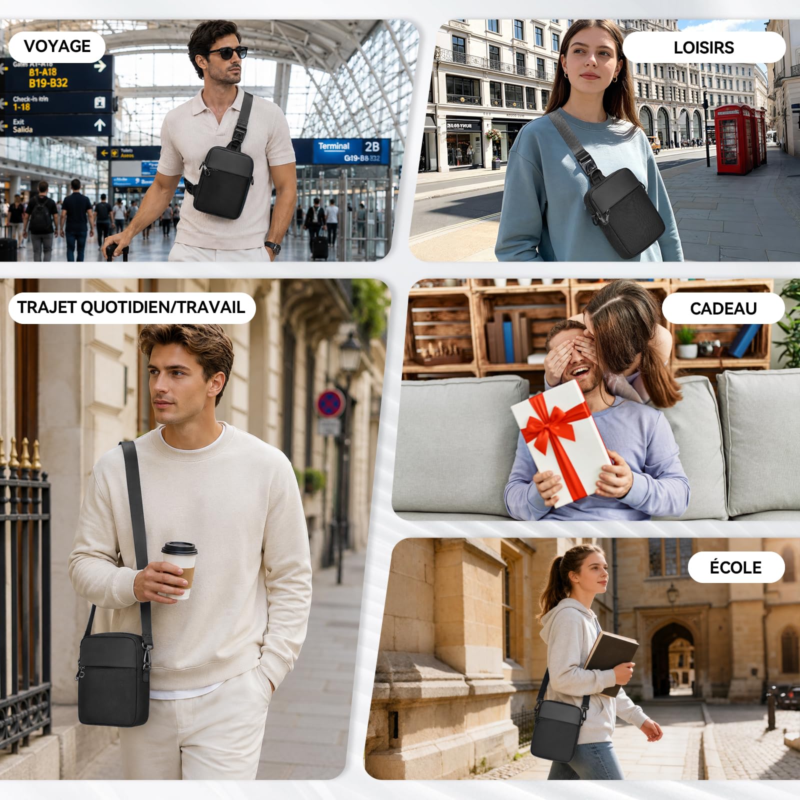 Eshow Sac À Bandoulière Avec Serrure À Glissière Et Poche Rfid, Sac Antivol Pour Hommes Et Femmes, Sac Étanche Pour Le Travail, Les Voyages, La Randonnée Et L'usage Quotidien