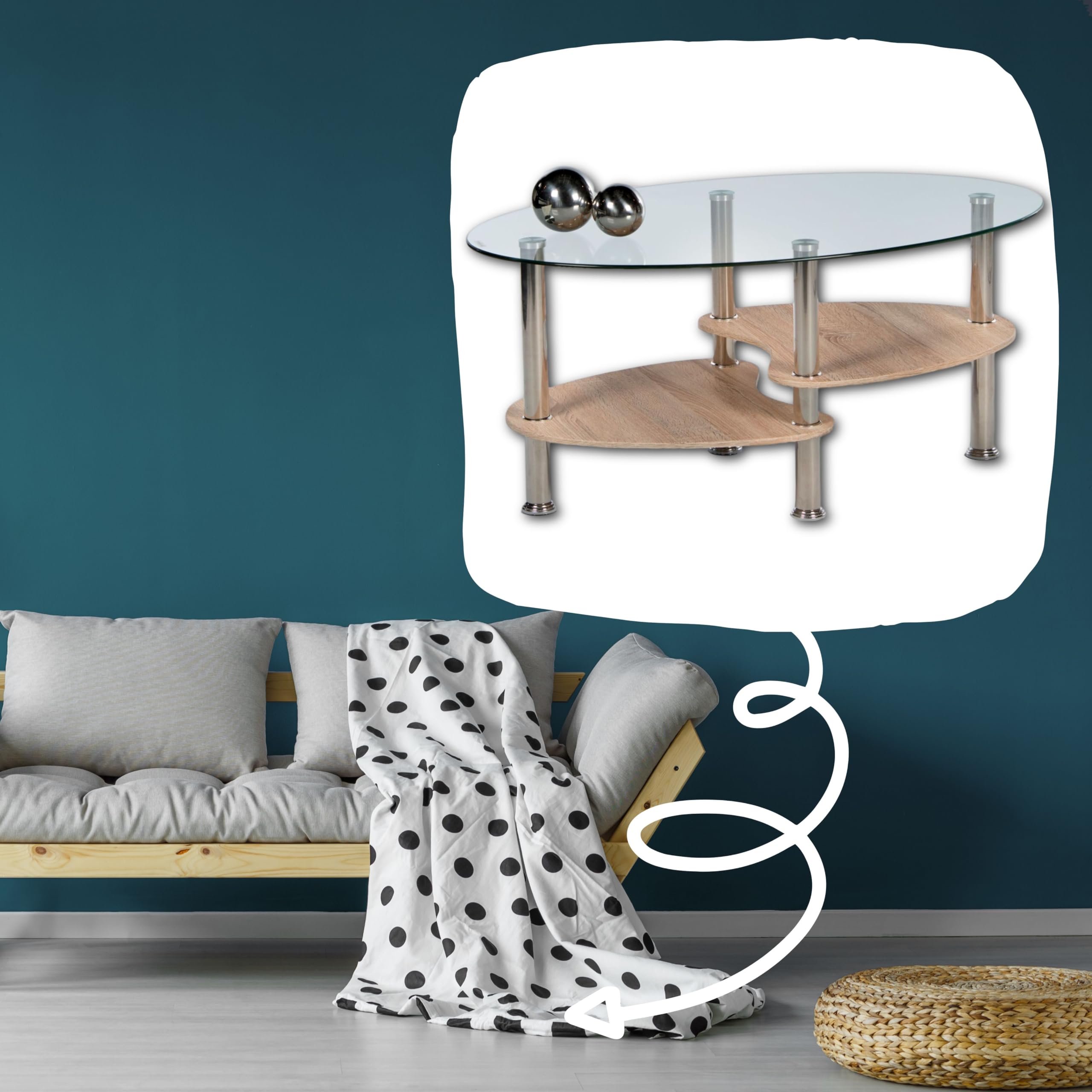 Panty Couchtisch Glas oval, Artisan Eiche/Sonoma Eiche, 90 x 42 x 55 cm
