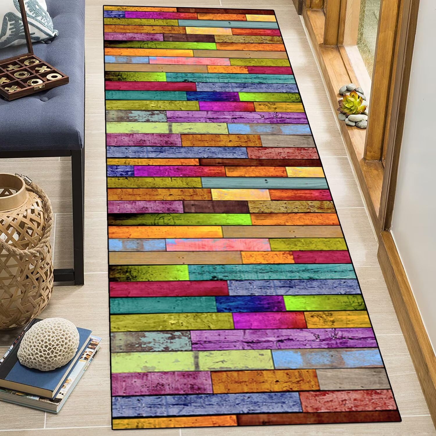Teppich Läufer Flur Küche rutschfest waschbar Teppichläufer Lang Bunt Streifen 90X150CM Modern Design Meterware Korridor Tepiche Esszimmer Schlafzimmer Wohnzimmer Schmutzfangmatte Küchenteppich