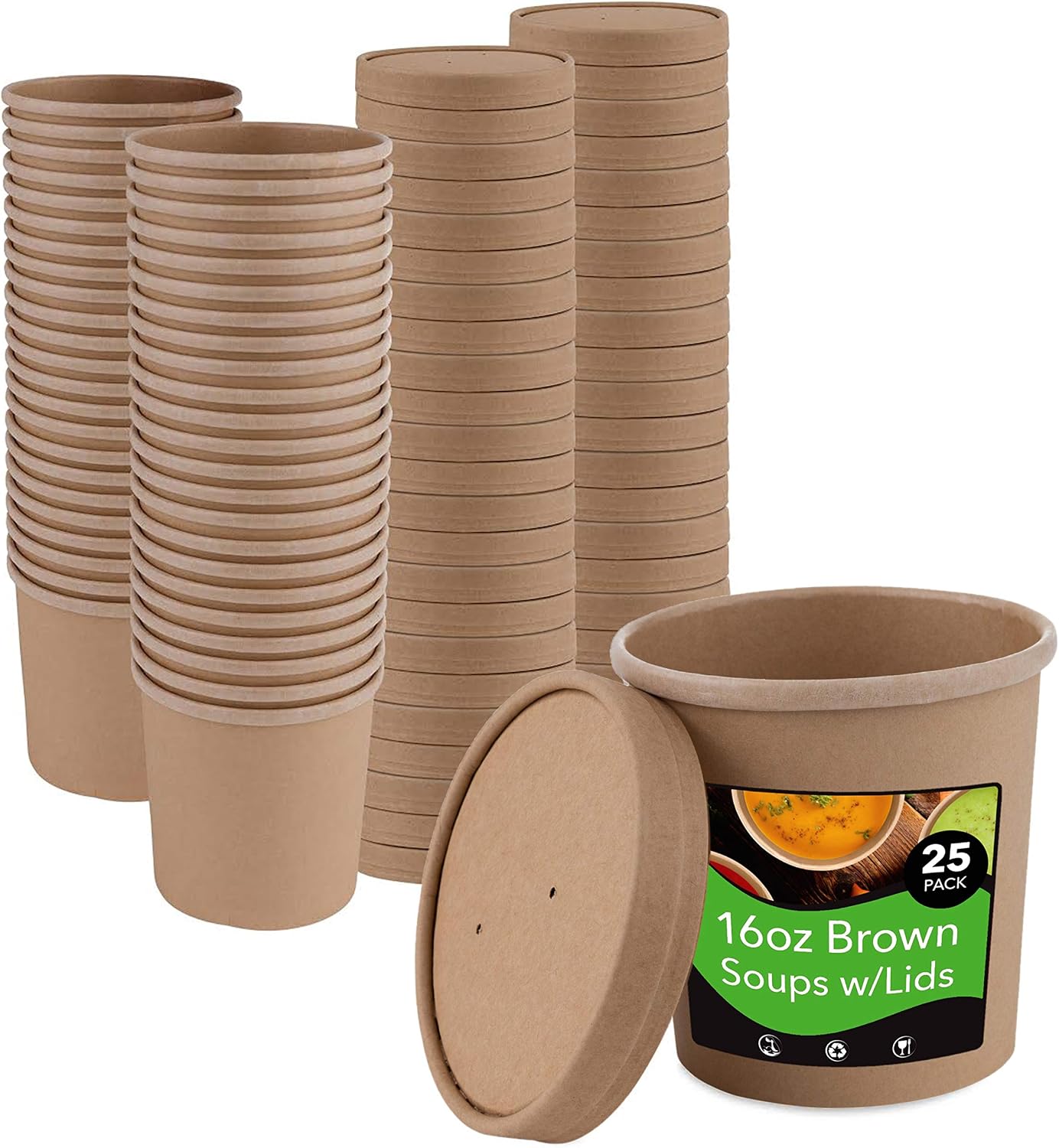 Stock Your Home (25 Count 16 oz Kraft Brown Disposable Soup Cups with Lids have Multipurpose Use as Ice Cream Cups with Lids - Soup Containers To Go for Restaurants, Delis, and Cafes