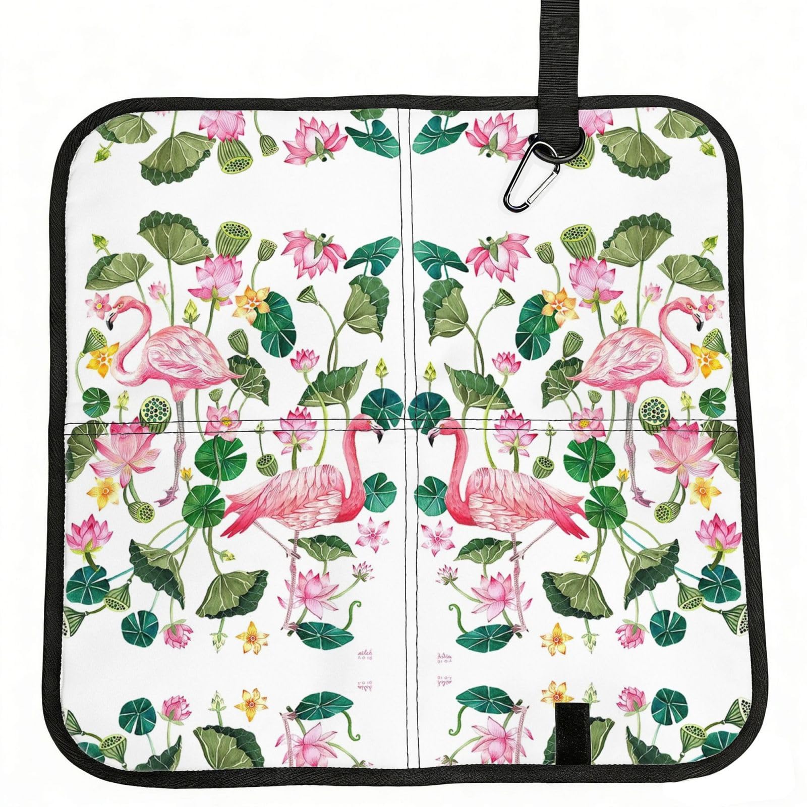 DIEzig Flamingo Bird Round Leaves Printed Compact Foldable Sitting Pad Oxford Base, Portable Cushion for Fishing Sports Events