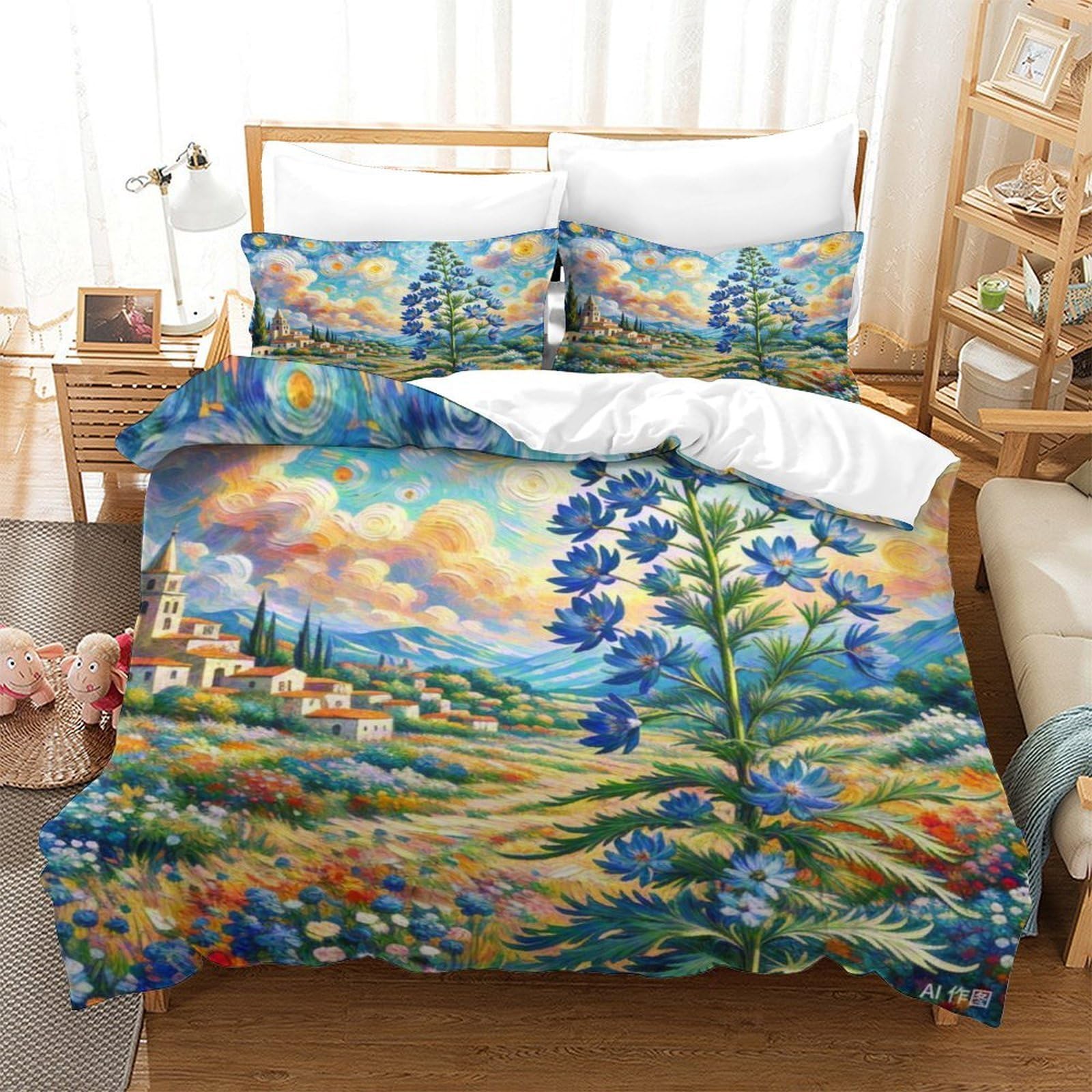 Housse de couette flocon de neige bleu 140x200cm en microfibre avec taie d'oreiller