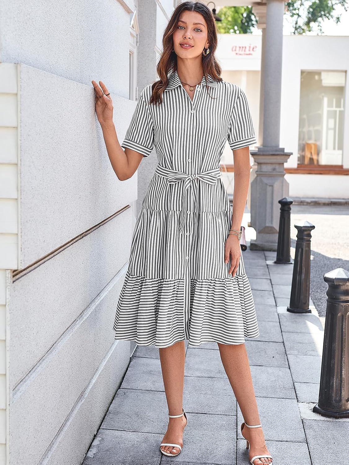 BROVAVE Summer Midi Dress for Women: Striped Button Down Casual Clothing - Collared Flowy Classy Short Sleeve Dresses - Image 4