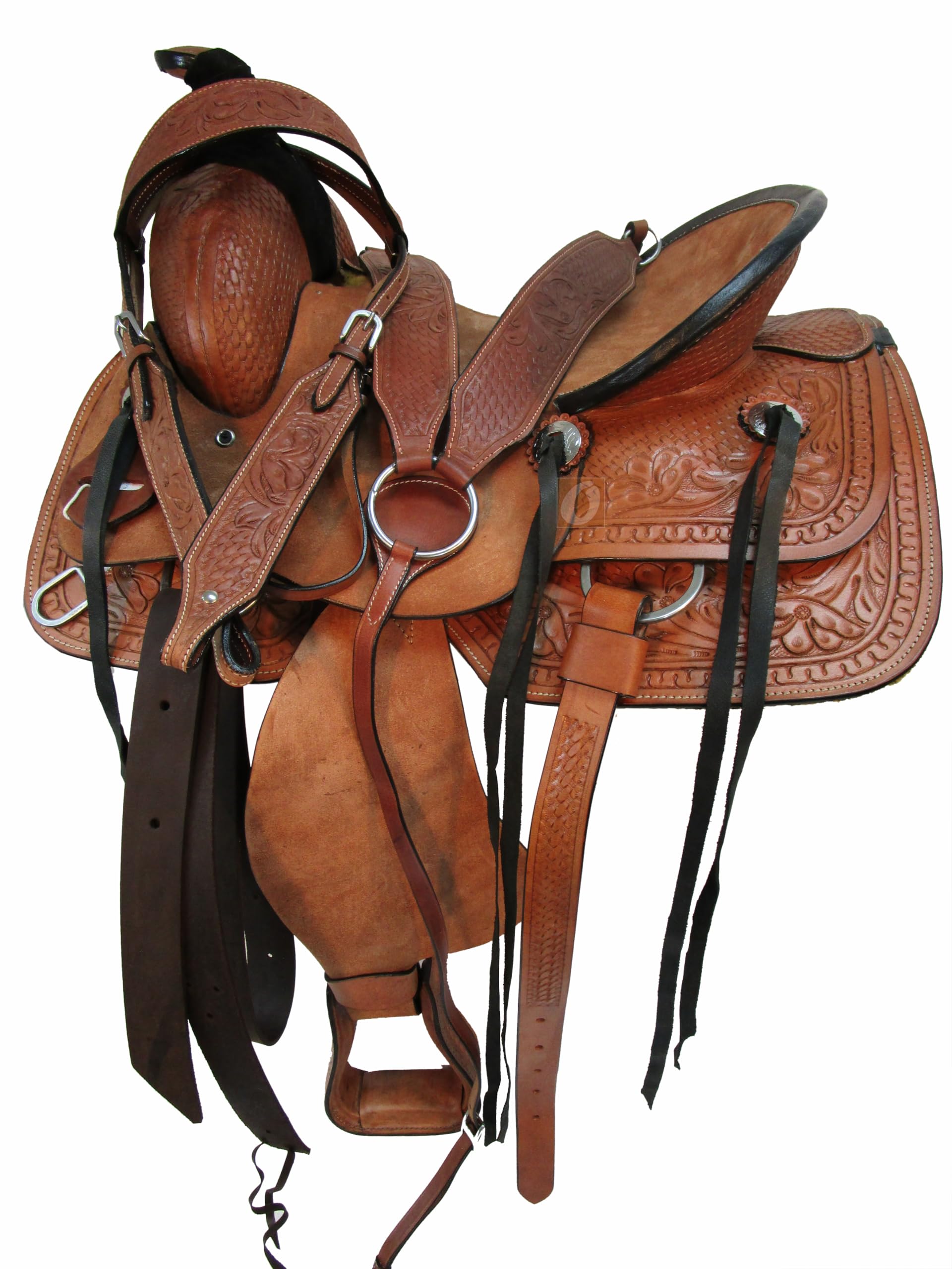 Western Saddle Pleasure Trail Ranch Barrel Racing Horse Ride Tooled Leather Cowboy Rodeo Hard SEAT Saddles 15 16 17 18 FQHB (16 Inch, Basket Snake Tooled)
