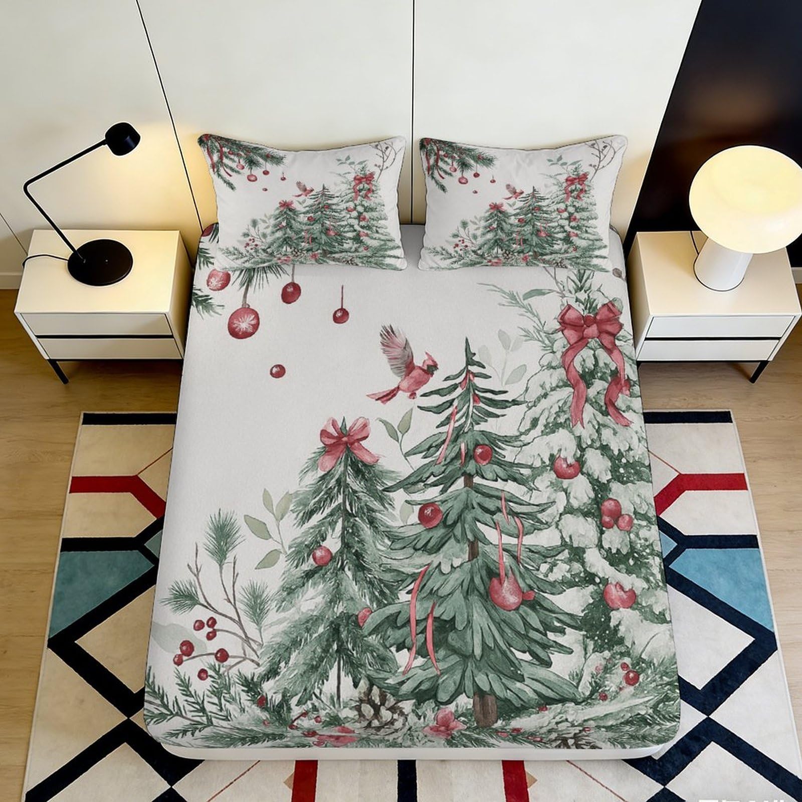 3D Printed Christmas Tree Fitted Sheet Microfiber Non-Slip Deep Pocket Bedding Christmas Tree Mattress Fitted Cover Washable 180x200x25cm