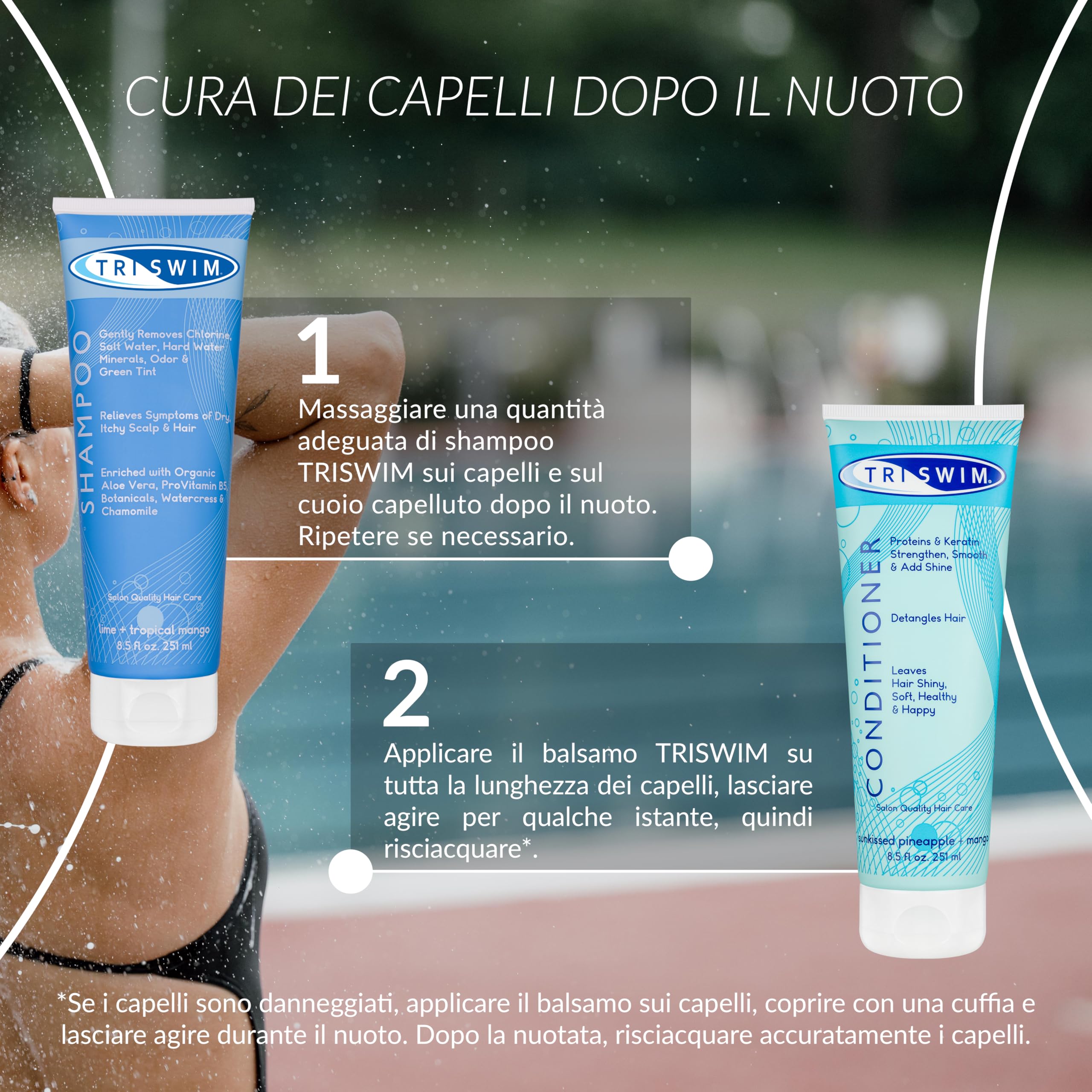 TRISWIM - Pacchetto per la Cura dei Capelli per la Rimozione del Cloro, Shampoo Idratante Per la Rimozione Cloro, Balsamo Capelli Per Nuotatori, Trattamento Anti Cloro per Nuotatori (251+251ml)