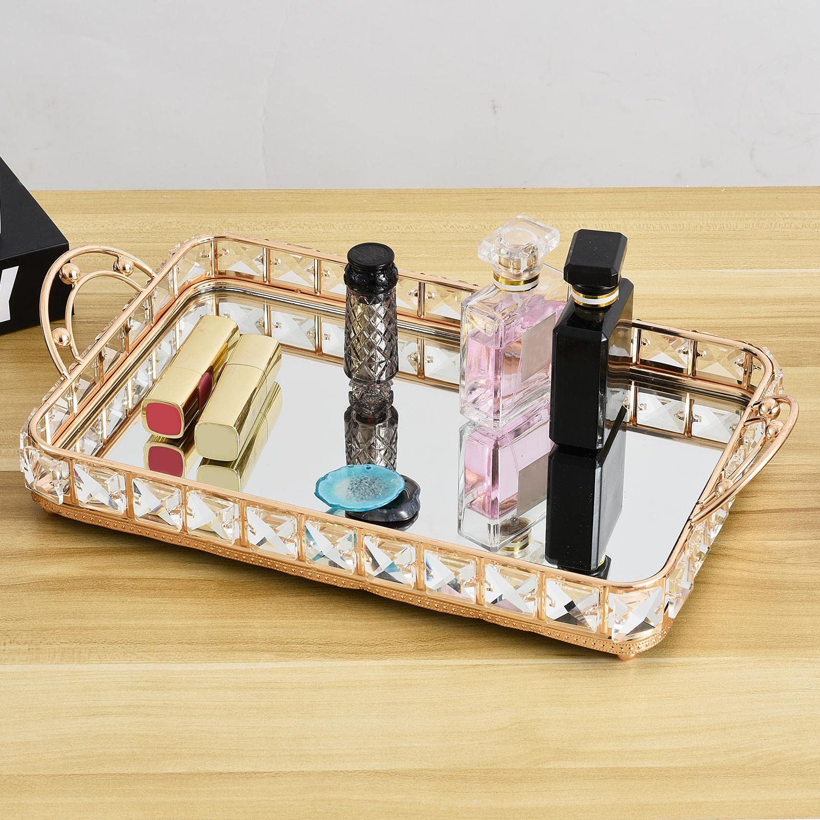 Yajuyi Bandeja Espejo Cristal Maquillaje Accesorios Joyas Organizador Metal con Base de Espejo Y Diseño Exclusivo Indicada para Baño Dormitorio Sala Oficina