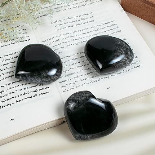 Miniatura 5 de Crocon Juego de piedras de obsidiana plateada de 1.969 in con forma de corazón grande, 450 quilates, bolsillo de cristal curativo, colección de
