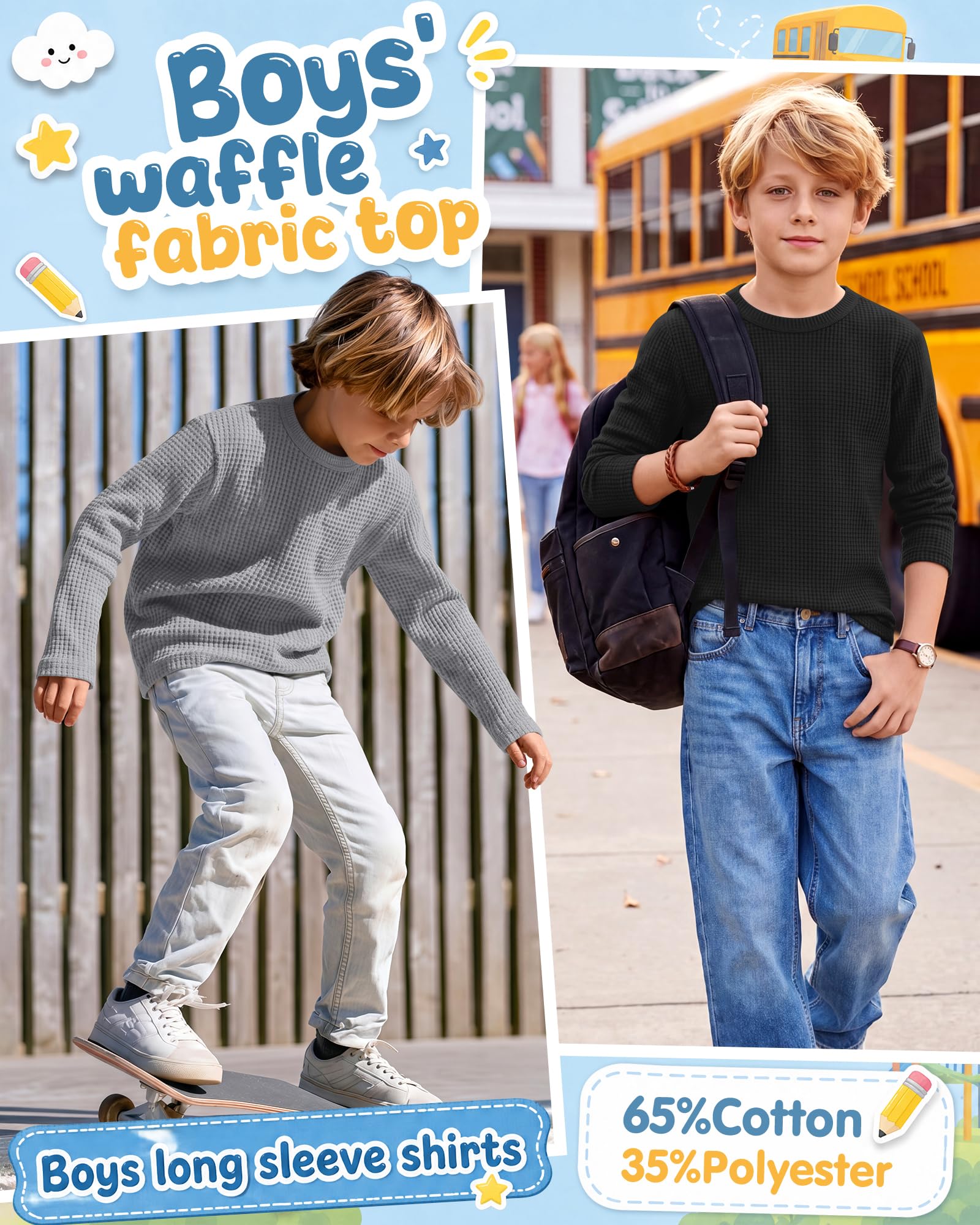 Clabby Pack de 3 Camisetas de Manga Larga Tipo gofre para niños de 5 a 14 años, Camisetas térmicas básicas para jóvenes