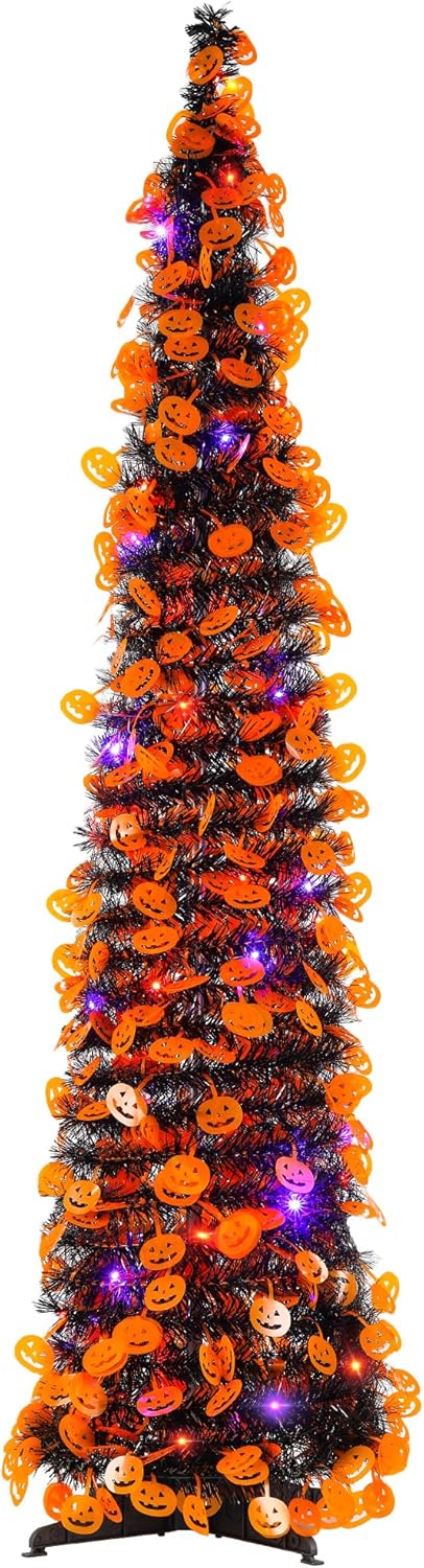 5.0 ft Lighted Pop up Halloween Tinsel Tree with Timer - Colorful Sequin Artificial Pencil Tree (Orange Pumpkin Face)