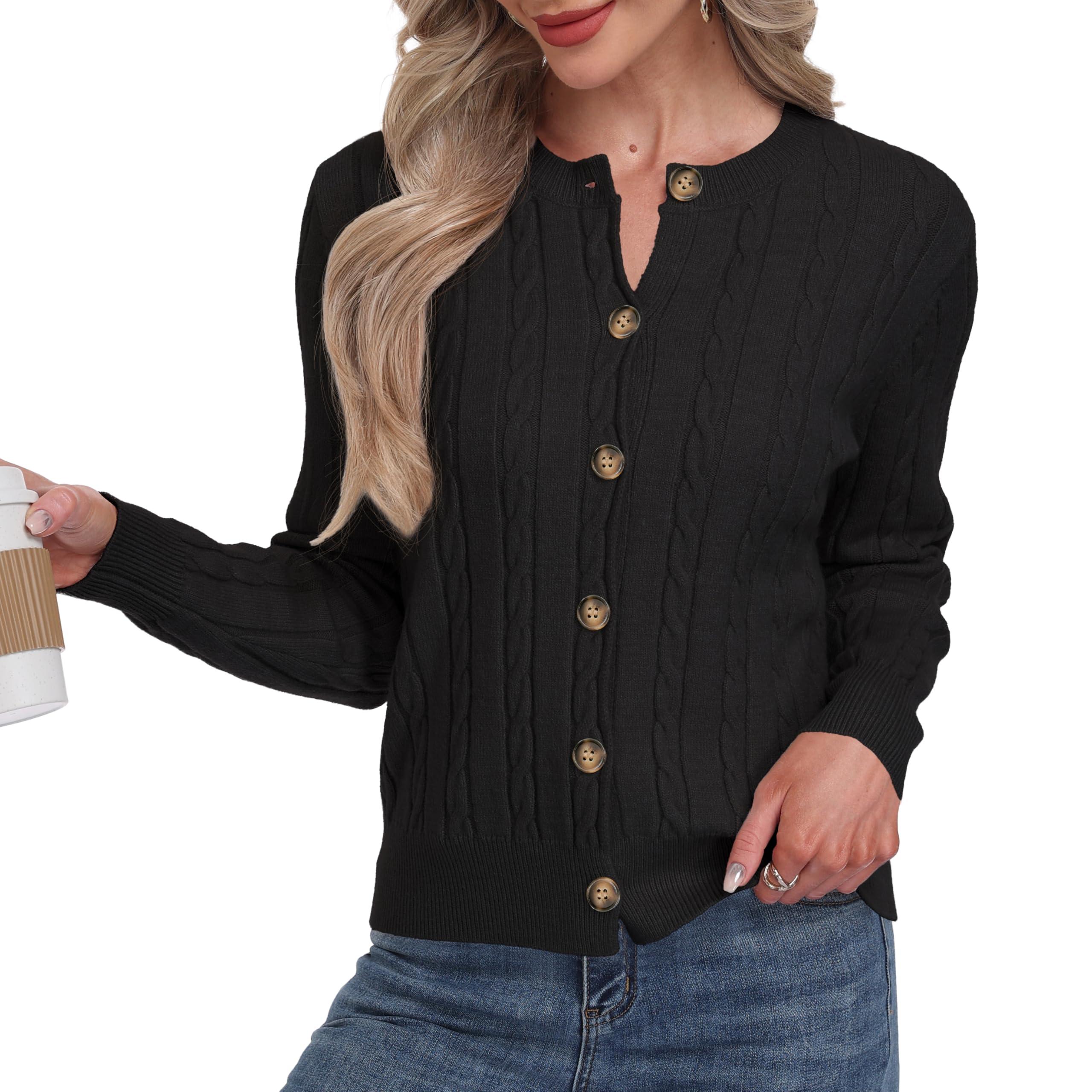 GRECERELLE Kardigan damski z długim rękawem, elegancki, luźny, okrągły dekolt, styl casual, stylowy sweter z dzianiny, klasyczny płaszcz z dzianiny, z guzikami, na jesień, zimę, wiosnę