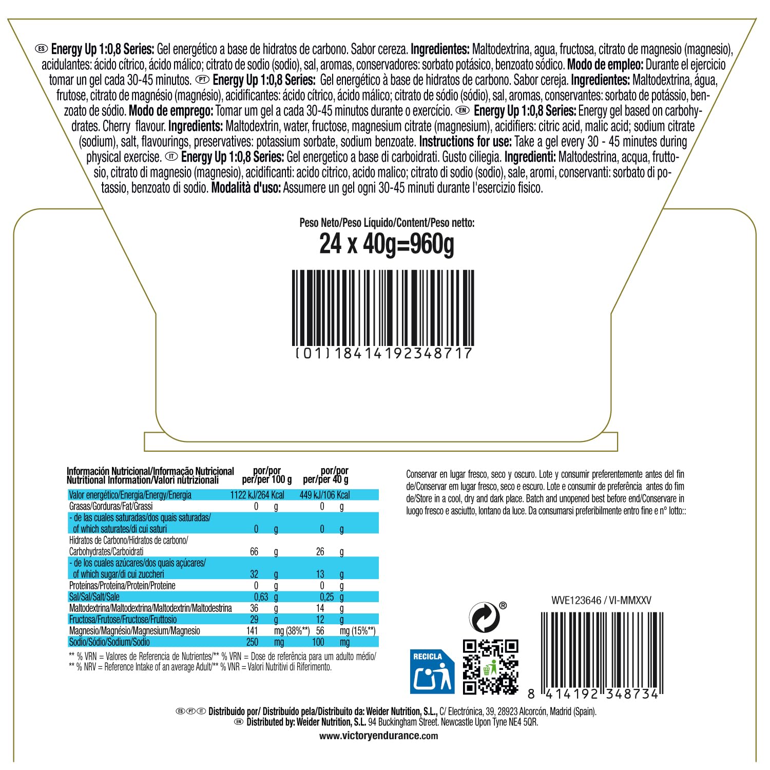 Victory Endurance Energy Up Gel 1:0,8 Series (24x40g) Sabor Cereza, Alto en Carbohidratos Ratio 1:0,8 maltodextrina:fructosa para energía adicional, rápida absorción, extra de sodio, vegan, sin gluten