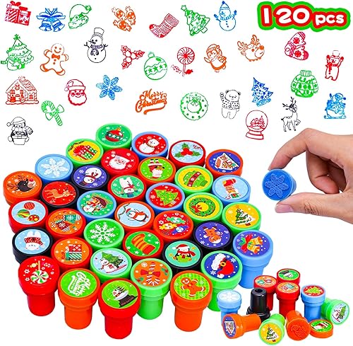Miniatura 2 de 120 sellos surtidos de Navidad para niños, 25 diseños surtidos de sellos de tinta propia, regalos de fiesta de truco o trato, sellos, rellenos de