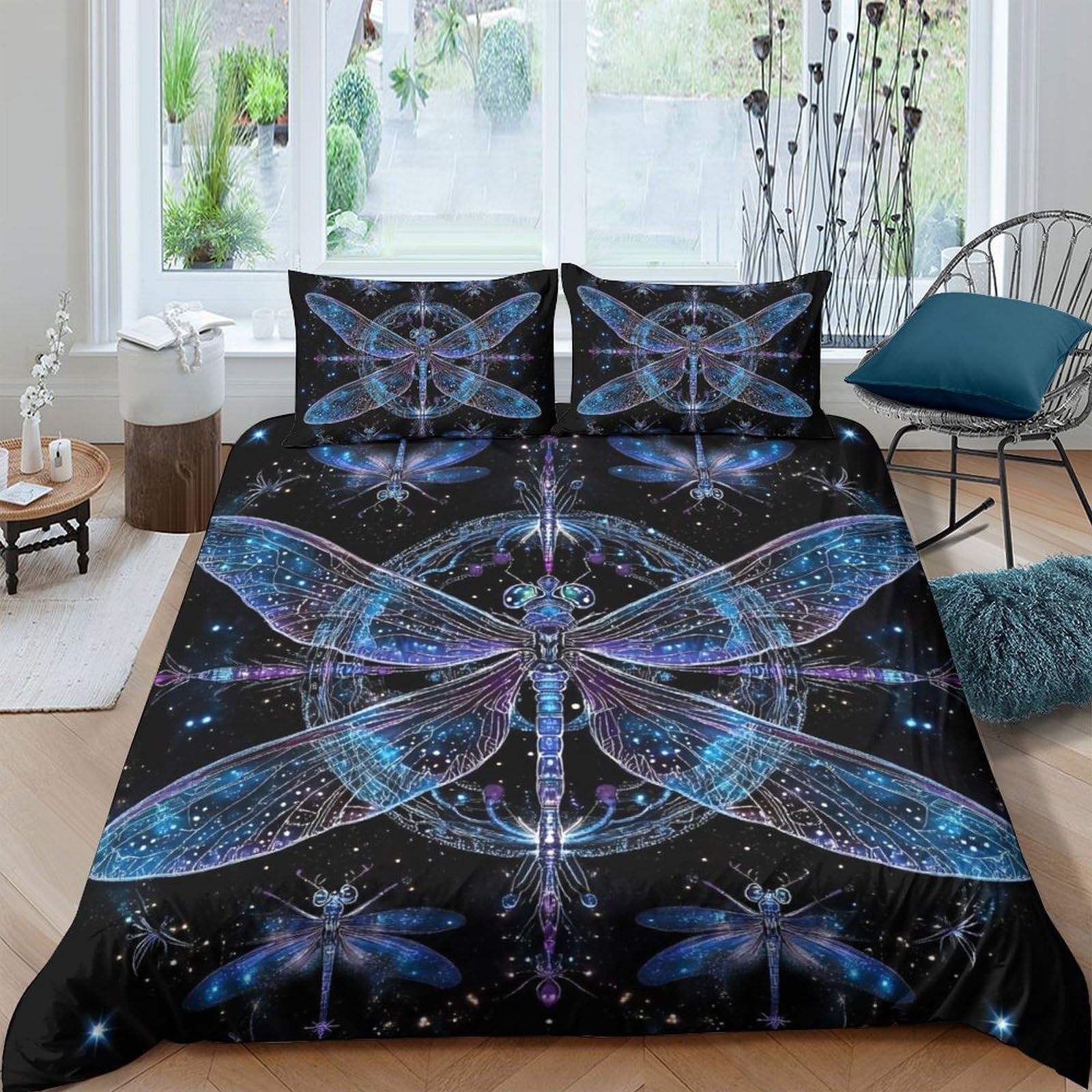 GPLZQXKJNH 3D Printed Blue Dragonfly Duvet Cover Microfiber Soft Breathable Mandala Bedding Set with 2 Pillowcases for Bedroom Decor Single（135x200cm）