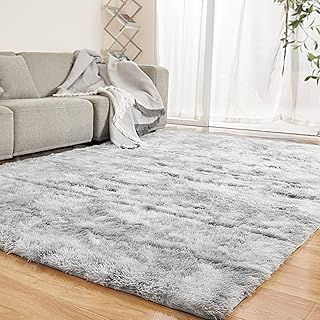 LFHHT Soft Fluffy 5x7 Shag Area Rugs for Bedroom, Plush Fuzzy Shaggy Carpet Rugs for Living Room Classroom Nursery Home Decor, Tie-Dyed Light Grey Anti-Skid Rugs for Kids Girls Boys
