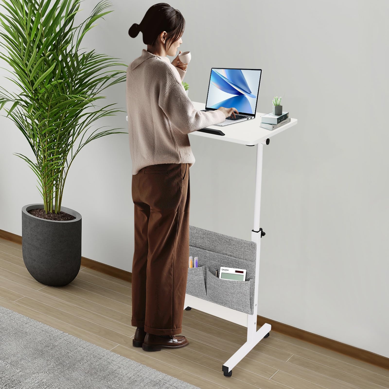 16 24 White Adjustable Height Standing Desk Portable Rolling Laptop Desk Mobile Computer Stand with Locking Wheels Compact — view 2