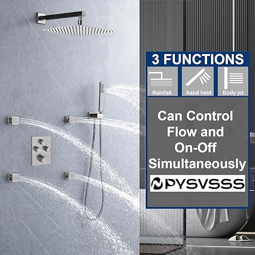 Miniatura 41 de Sistema de ducha de lluvia, cabezal de ducha de lluvia montado en la pared de 12 pulgadas con chorros corporales y ducha de mano, juego de grifo