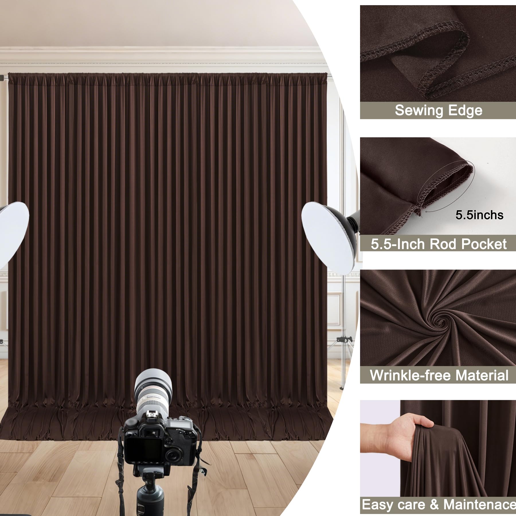 Lot de 2 Rideaux de Toile de Fond Marron pour fêtes de Mariage - 3 x 3 m - Tissu Infroissable - Décoration pour fête prénatale, Anniversaire, Photographie - 1,5 x 3 m