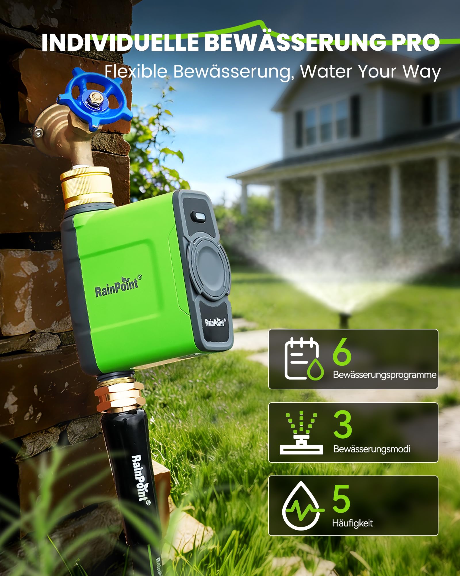 RAINPOINT Bewässerungscomputer WLAN mit Messing Einlass und Auslass, Smart Bewässerungssteuerung, APP/Sprachsteuerung, Wetterbasiert, Automatisches Bewässerung für Garten Rasen, 6 Zeitplänen