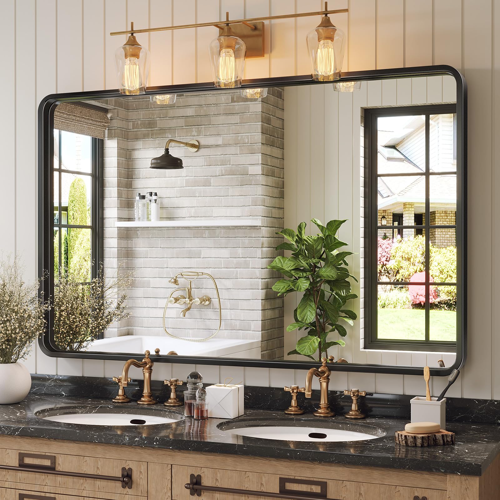 Brightify Black Bathroom Mirror 48x30 Inch Rectangular Metal Framed Mirrors for Over Sink Vanity Living Room Bedroom Fireplace
