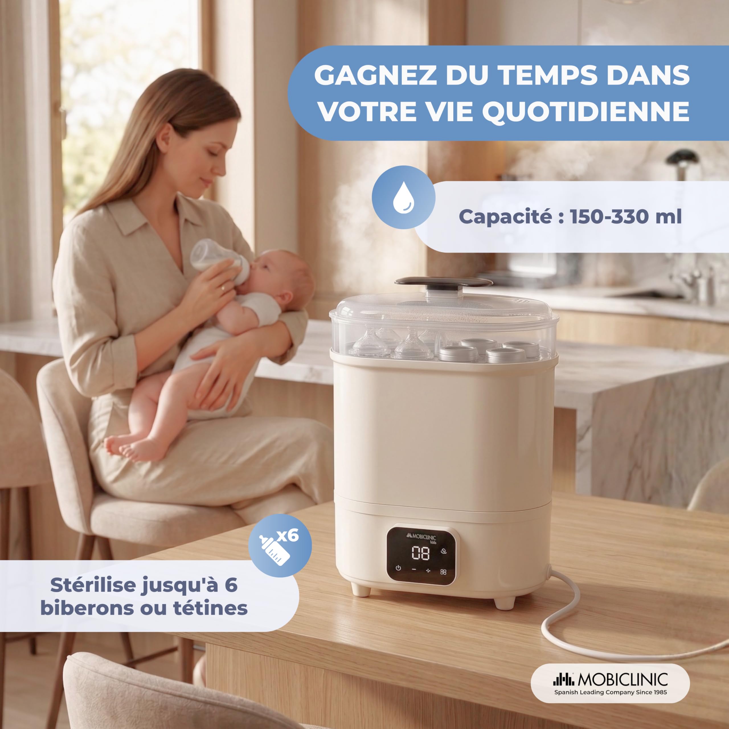 Mobiclinic®, Stérilisateur Biberons, 4 en 1, Jusqu'à 6 Bouteilles, Sèche, Maintient la Température, Mode Automatique, Sucettes et Tire-lait, Écran LCD, Compact, Mobibi