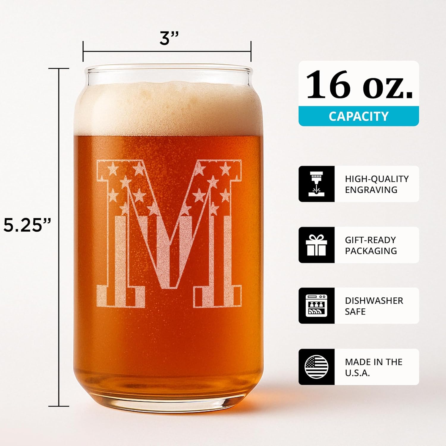 Monogram Beer Glasses for Men (A-Z) 16 oz - Beer Gifts for Men Brother Son Dad Neighbor - Unique Gifts for Him - Personalized Drinking Gift Beer Glass Mugs - Engraved Beer Can Glass (M) - Image 3