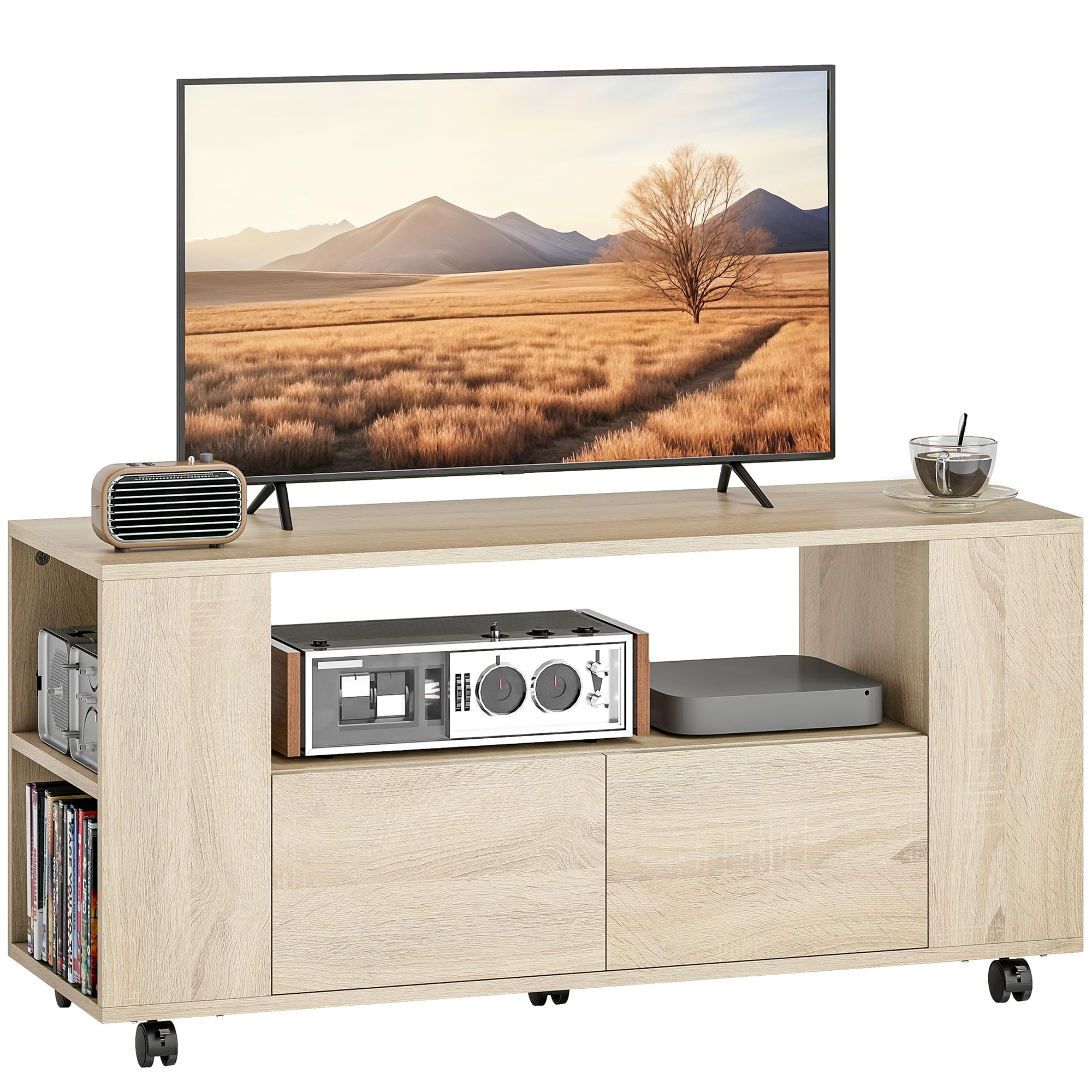 HOMCOM Mobile Porta TV fino a 42", Mobiletto TV con Ruote Girevoli e Freno, Ripiani Regolabili e Cassetti, per Soggiorno e Salotto, 102x34.5x48.5 cm, Legno Naturale