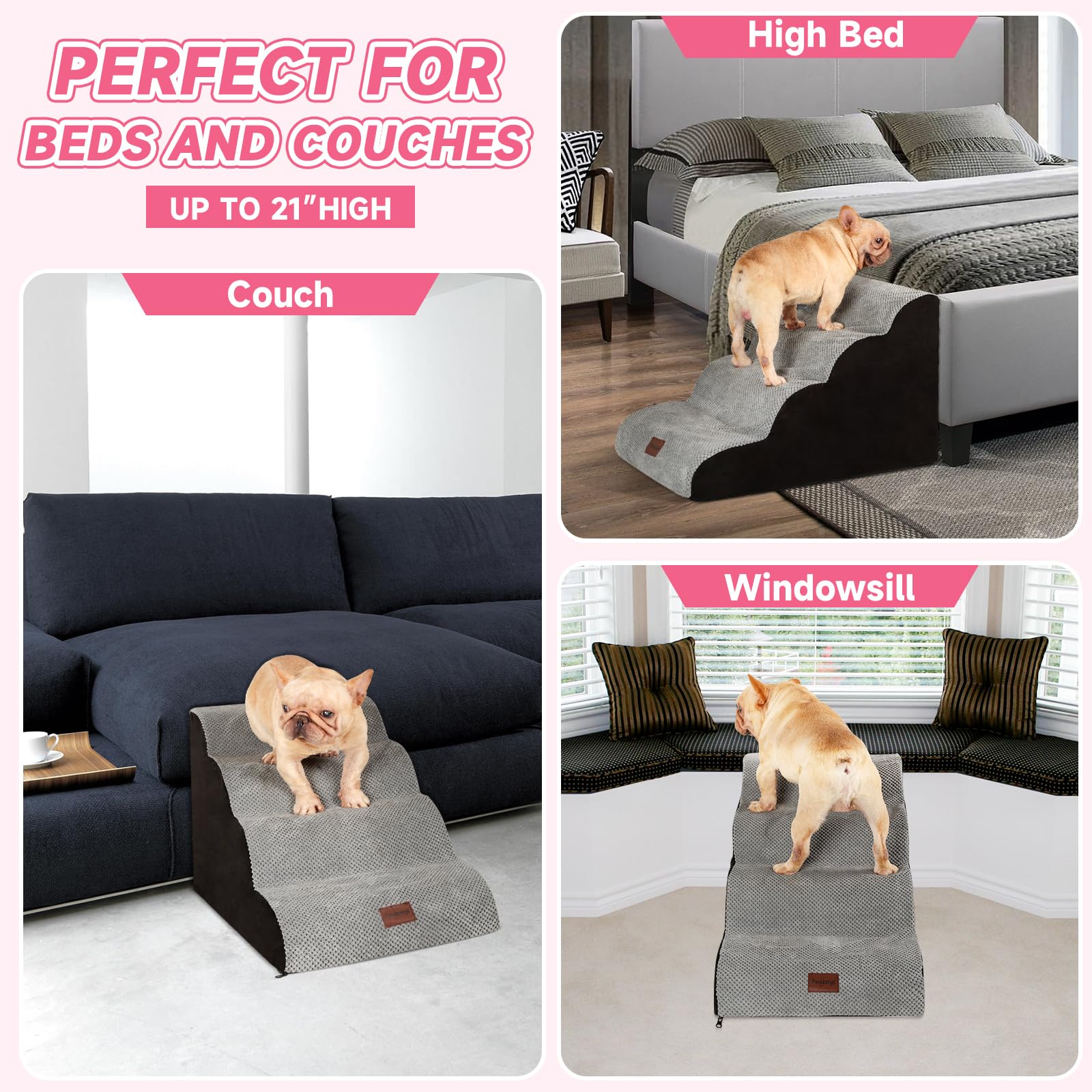 Pawetrys 4 Steps Dog Stairs for Beds & Couches, High Density Expand