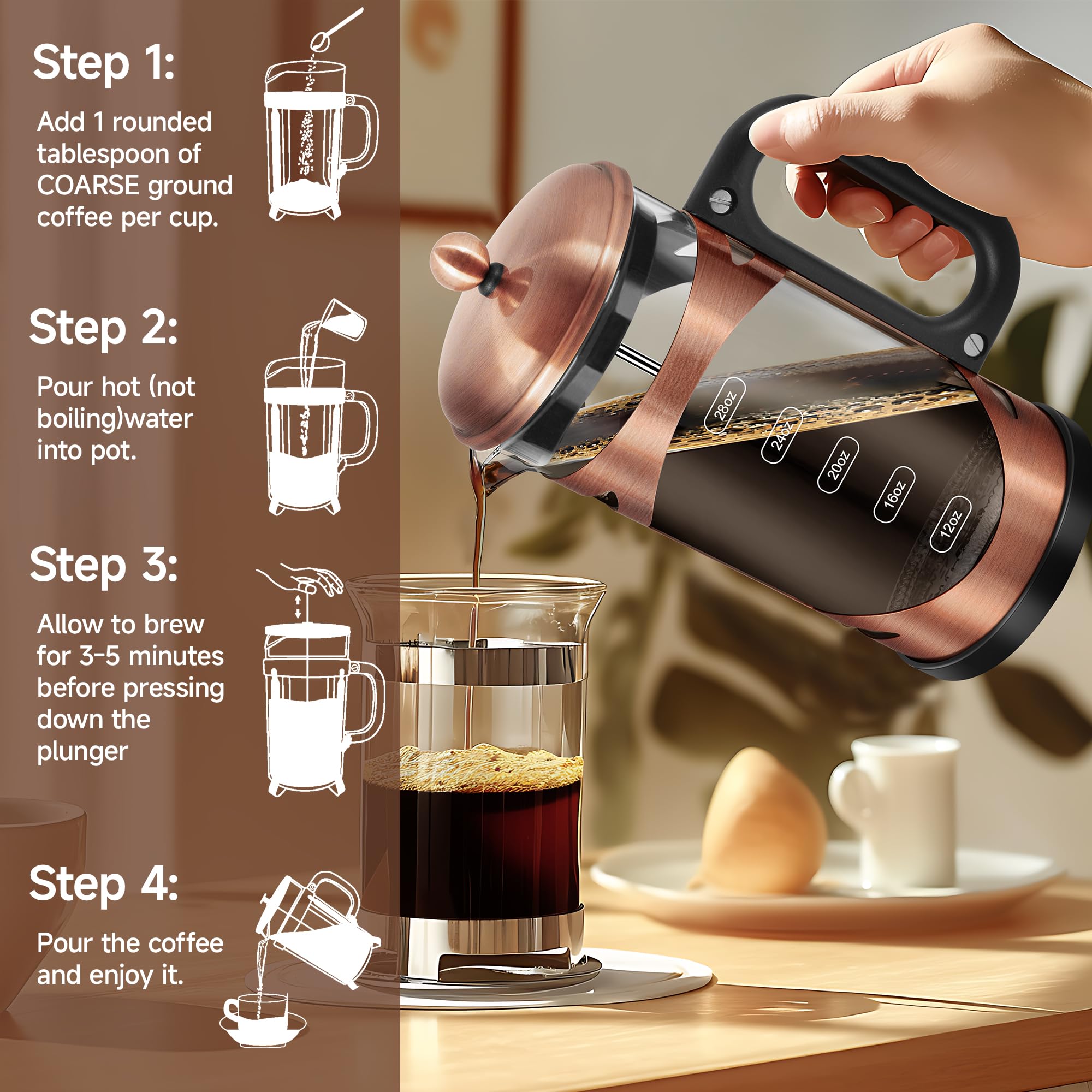 YMMIND Cafetera de prensa francesa de 34 onzas, prensa de café de acero inoxidable de cobre, con sistema de filtro de 4 niveles, vidrio de borosilicato de grosor resistente al calor, cafetera