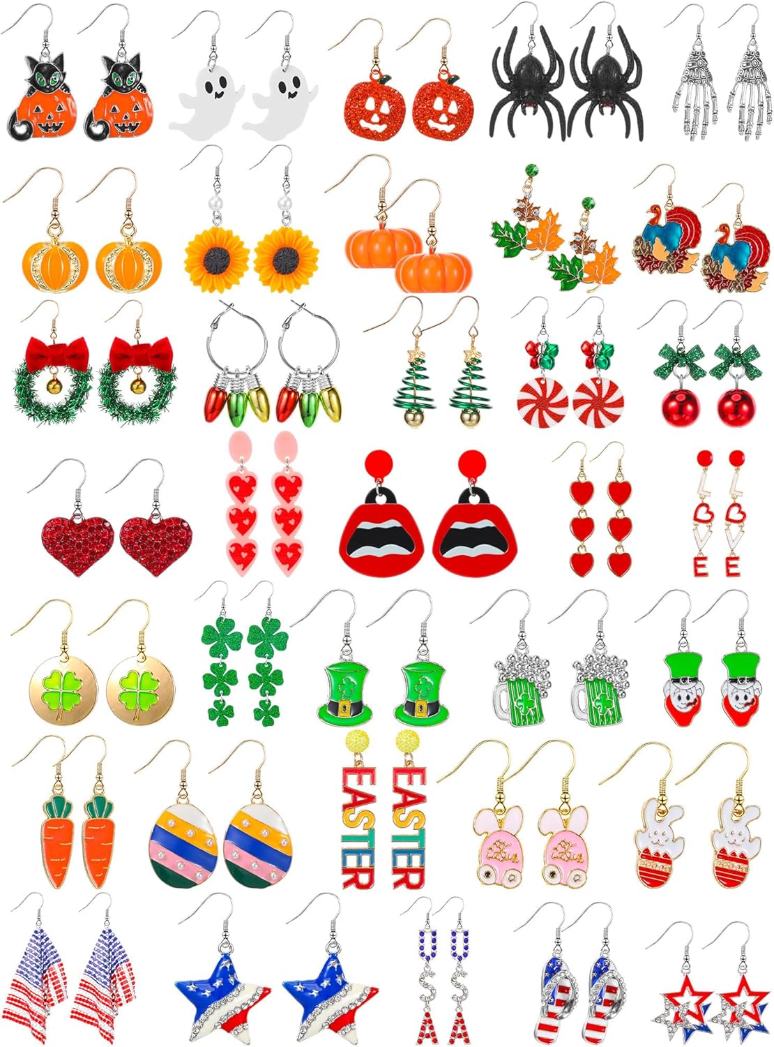 Junkin 35 Pairs Holiday Earrings for Women Halloween Thanksgiving Christmas Dangle Earrings Cute Variety Pack Gifts for Fourth of July Easter