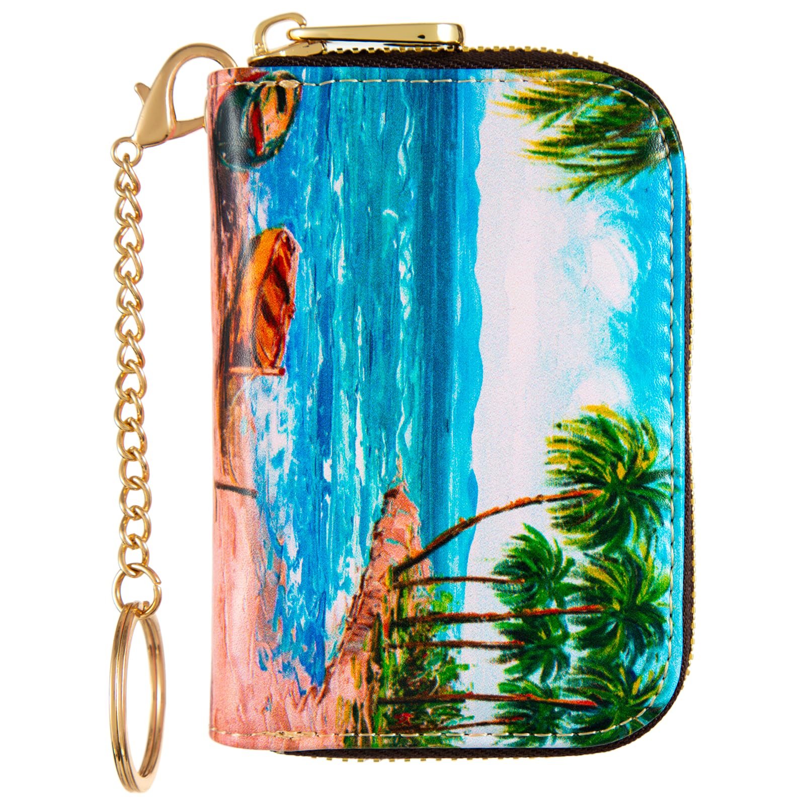 Credit Card Holder for Women, RFID Card Holder Wallet - Slim Leather Zipper Card Case - Ladies Small Keychain Wallets (Tropical Island Beach)