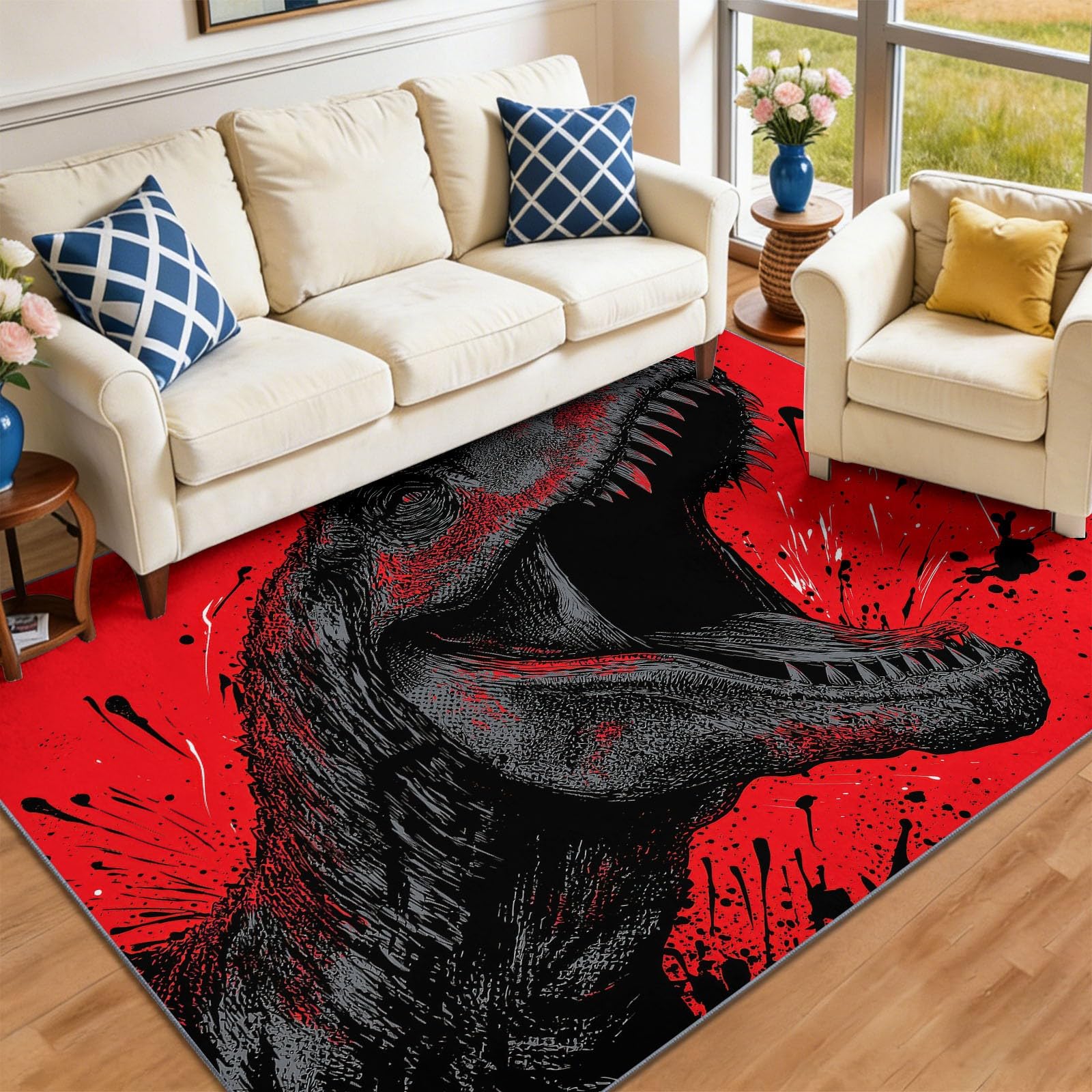 Dywan antypoślizgowy do salonu, 140 x 200 cm, dywan z niskim włosiem nadający się do prania w pralce z nadrukiem dinozaura anime, efekt 3D, do pokoju dziecięcego, pokoju zabaw, kolorowy