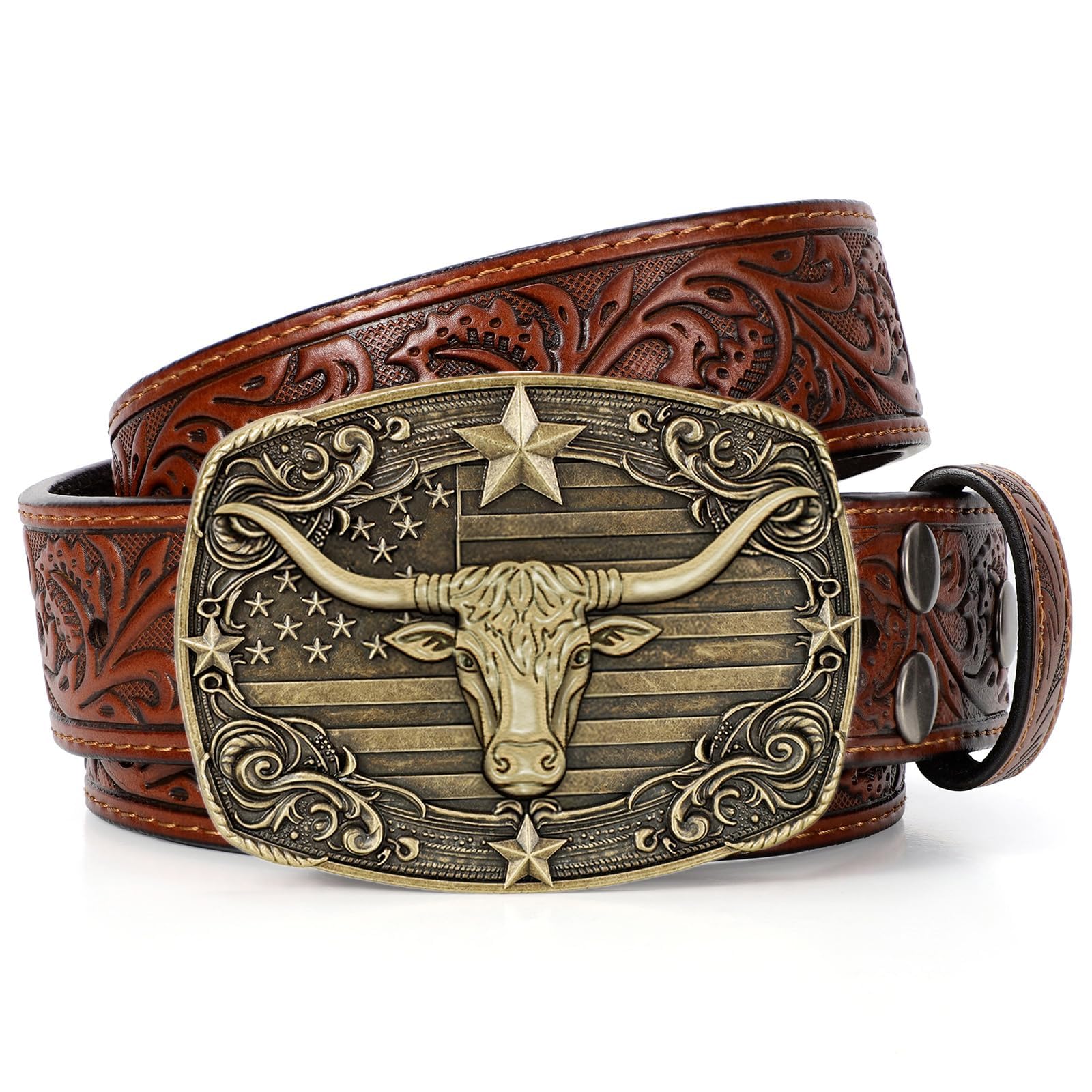 SANSTHS Western Cowboy Belts for Men Women Mens Western Belt Bull Buckle Country Belt Cowboy Leather Belt for