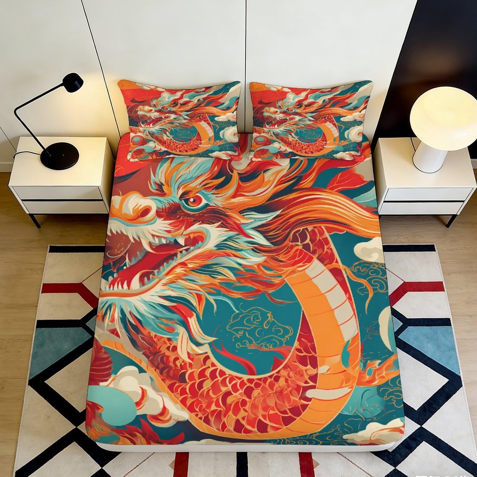 3D Printed Oriental Dragon Fitted Sheet Microfiber Orange Blue Mythical Creature Mattress Cover for Bedroom Dorm Decor 90x200x25cm