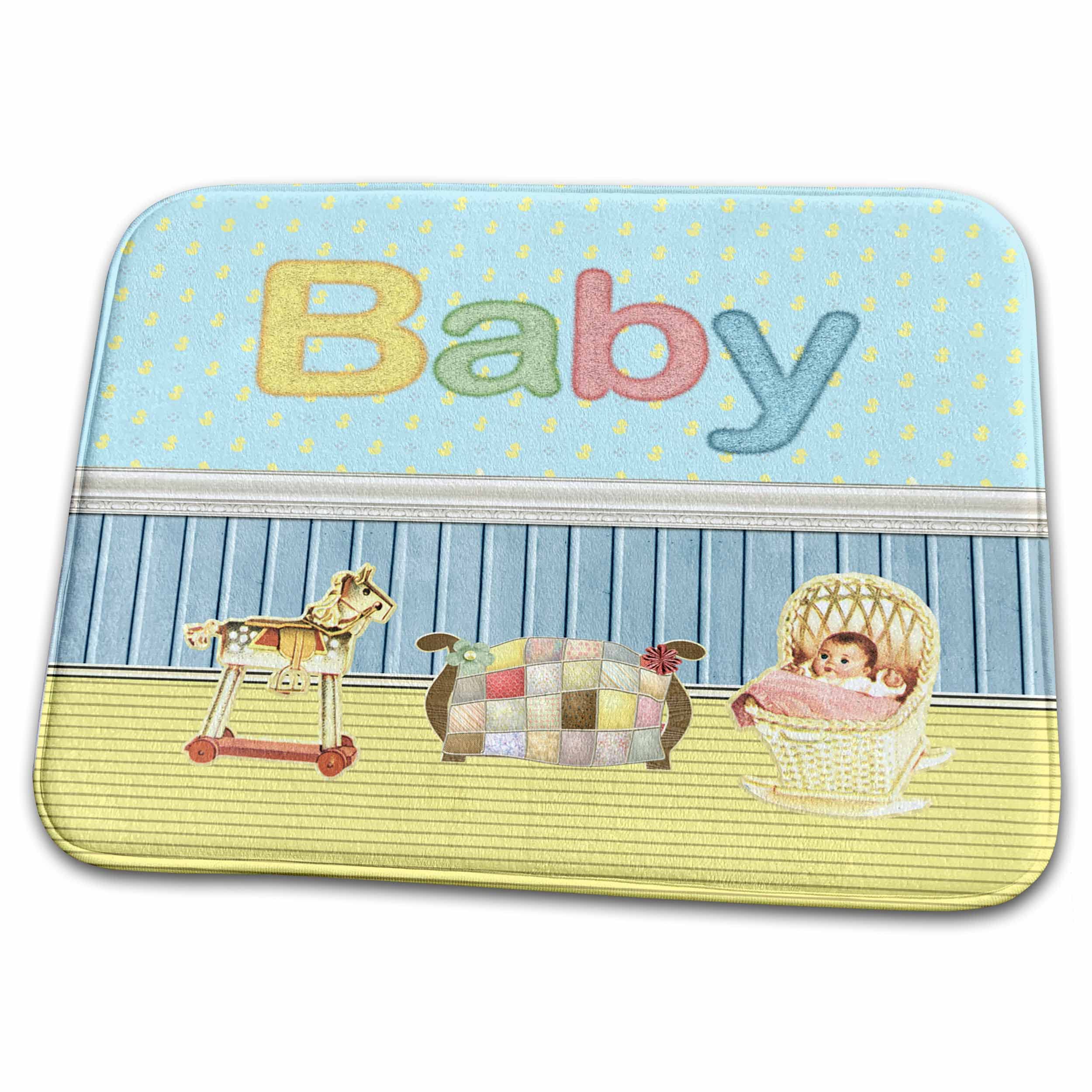 Dish Drying Mat - Baby Room with Baby in Bassinet, Rocking Horse, and Quilt on Baby Bed Baby Stuff Design