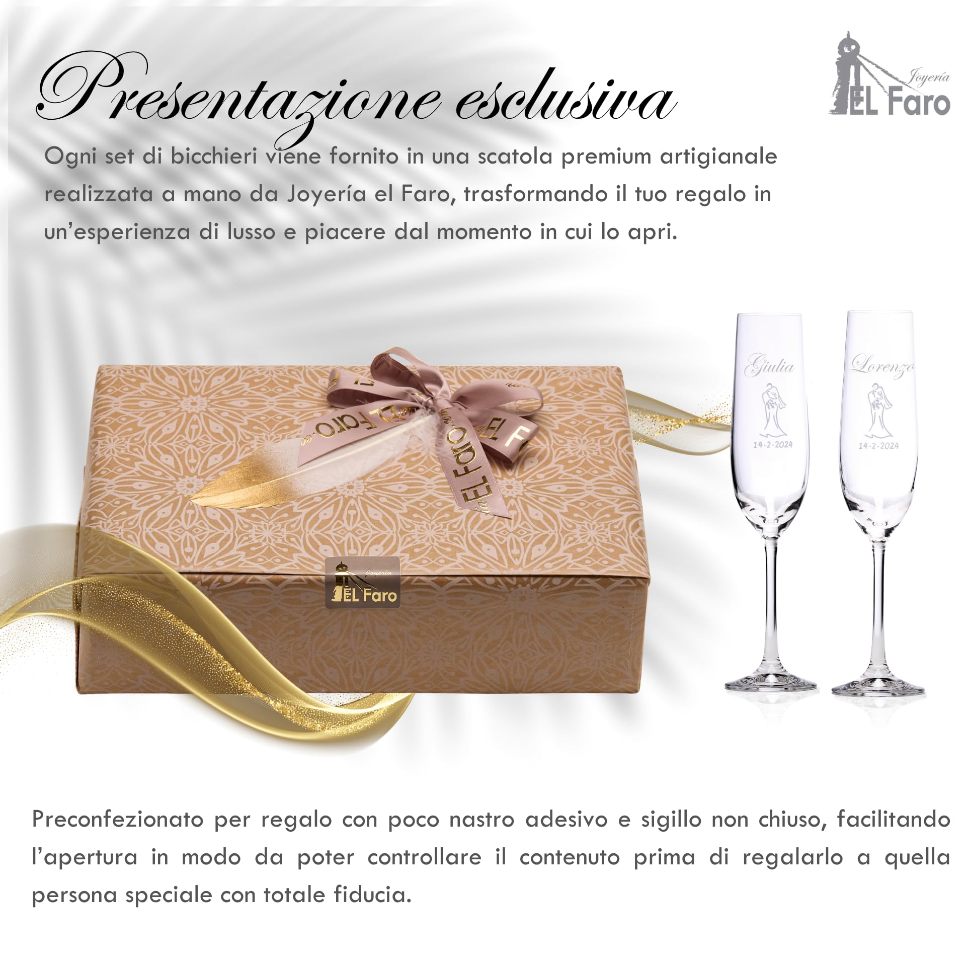 JOYERIA EL FARO | Calici personalizzati per sposi | Incisi con nomi | Cristallo di Boemia ad alta resistenza | Cofanetto premium | Brinda all’amore
