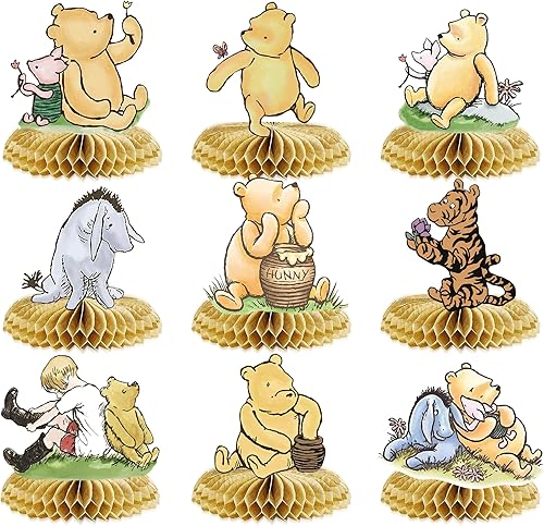 9 centros de mesa Winnie Honeycomb para The Pooh Baby Shower Decoraciones clásicas Winnie Centros de mesa para suministros de fiesta de cumpleaños