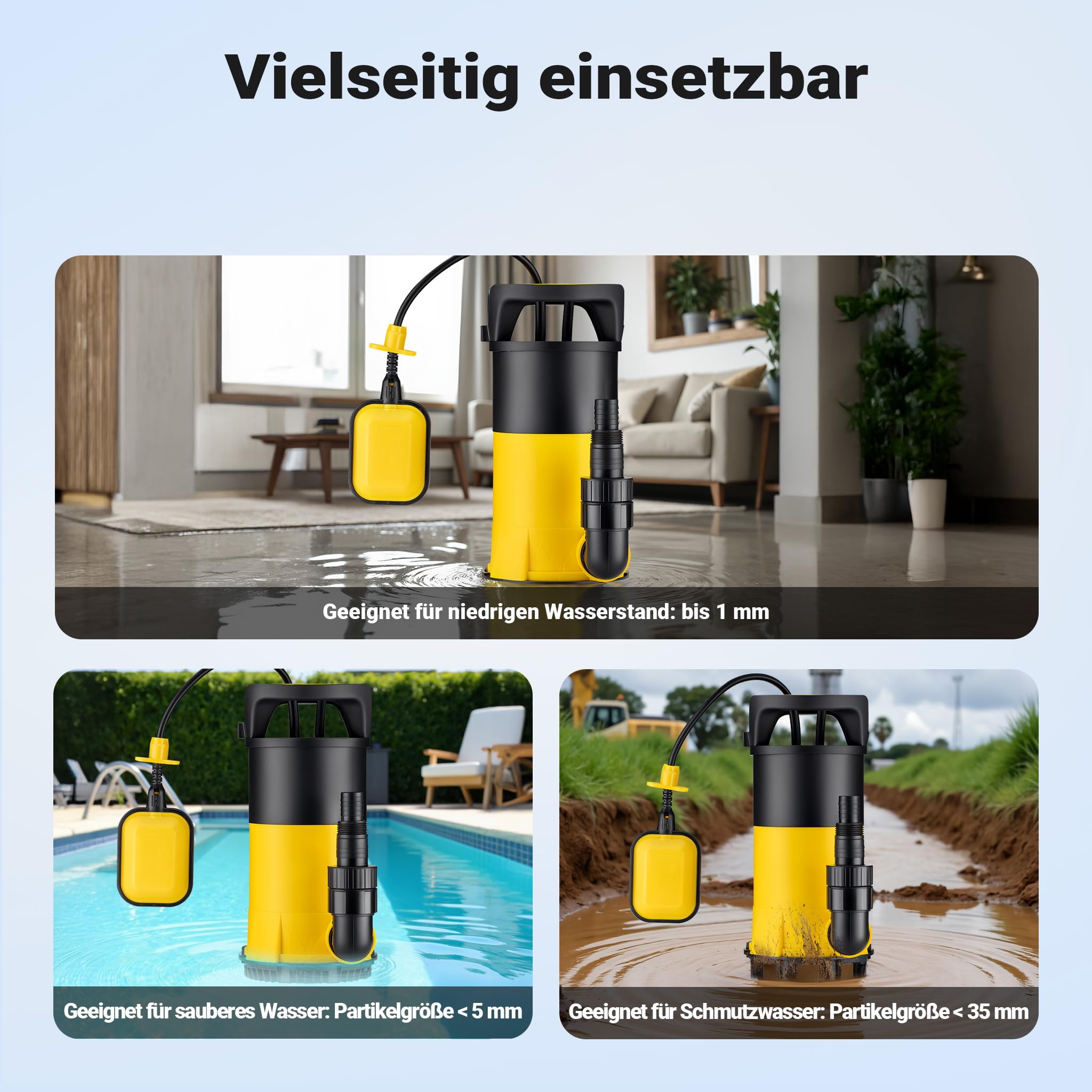 Wiltec 3 in 1 Flachsauger Tauchpumpe 400 W, Schmutzwasserpumpe 8000 l/h, Flachwasserpumpe mit Schwimmer, Flachsaugpumpe für Keller, Garten Wasserpumpe