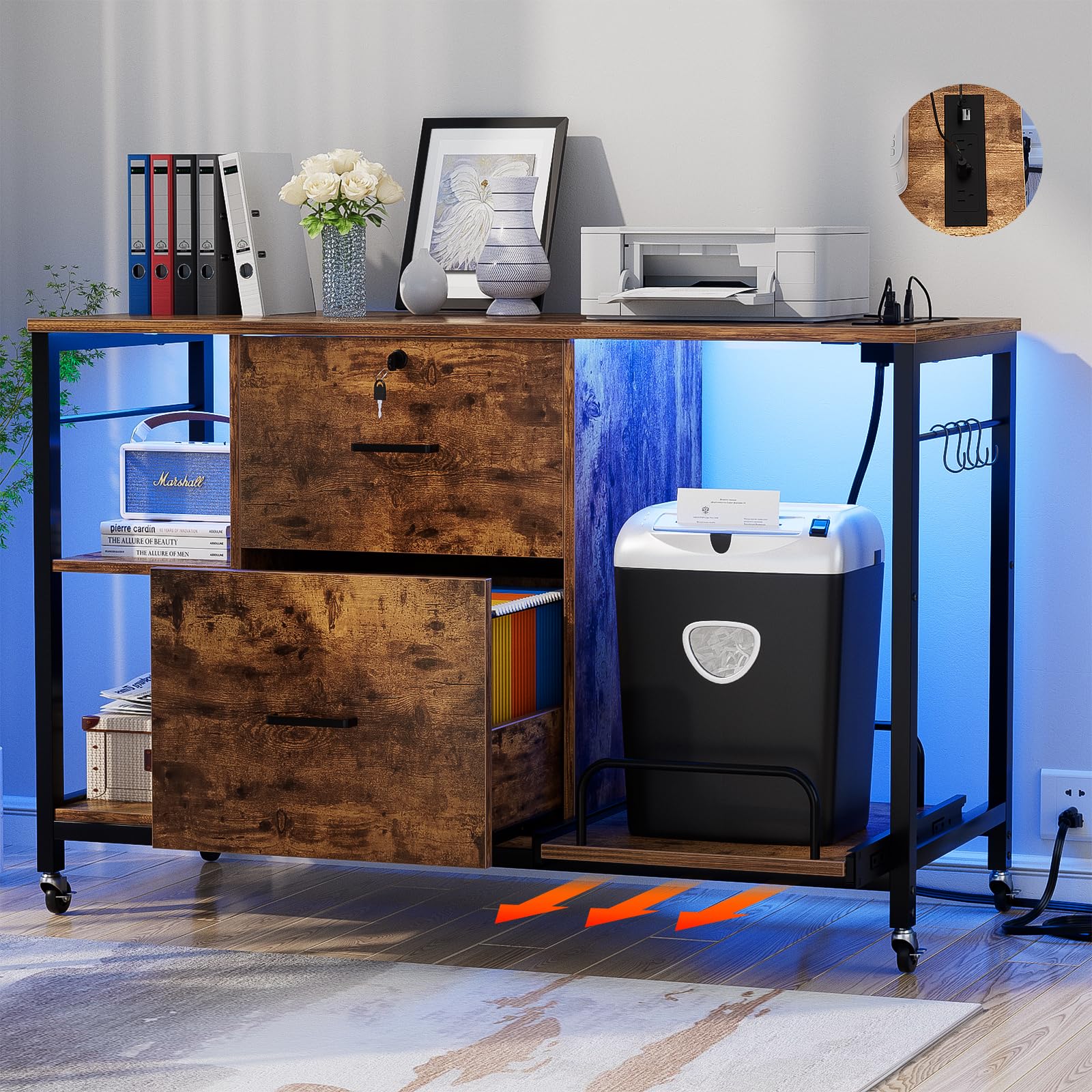 Hyomdeck 2 Drawer Lateral File Cabinet with Shredder Stand, Locking Office Filing Cabinet with Outlet and LED Light, Printer Stand with Storage, Home Office Cabinet for Letter Legal Size, Rustic Brown