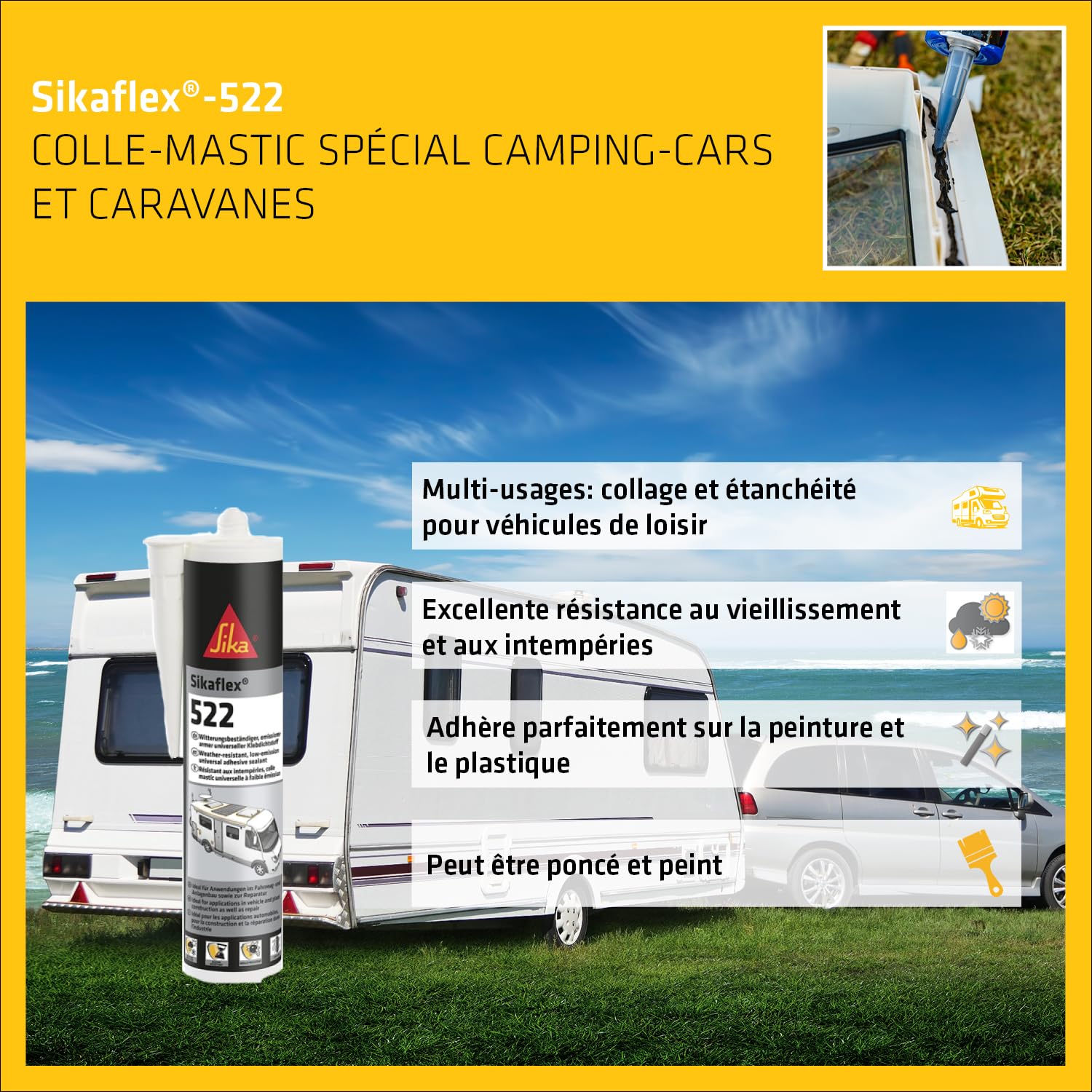SIKA - Mastic-colle caravane - Sikaflex 522 - Blanc - Carton 12x300ml | Jointoiement de caravanes et camping-cars - Mutli-usages - Résistant aux UV - Intérieur et extérieur