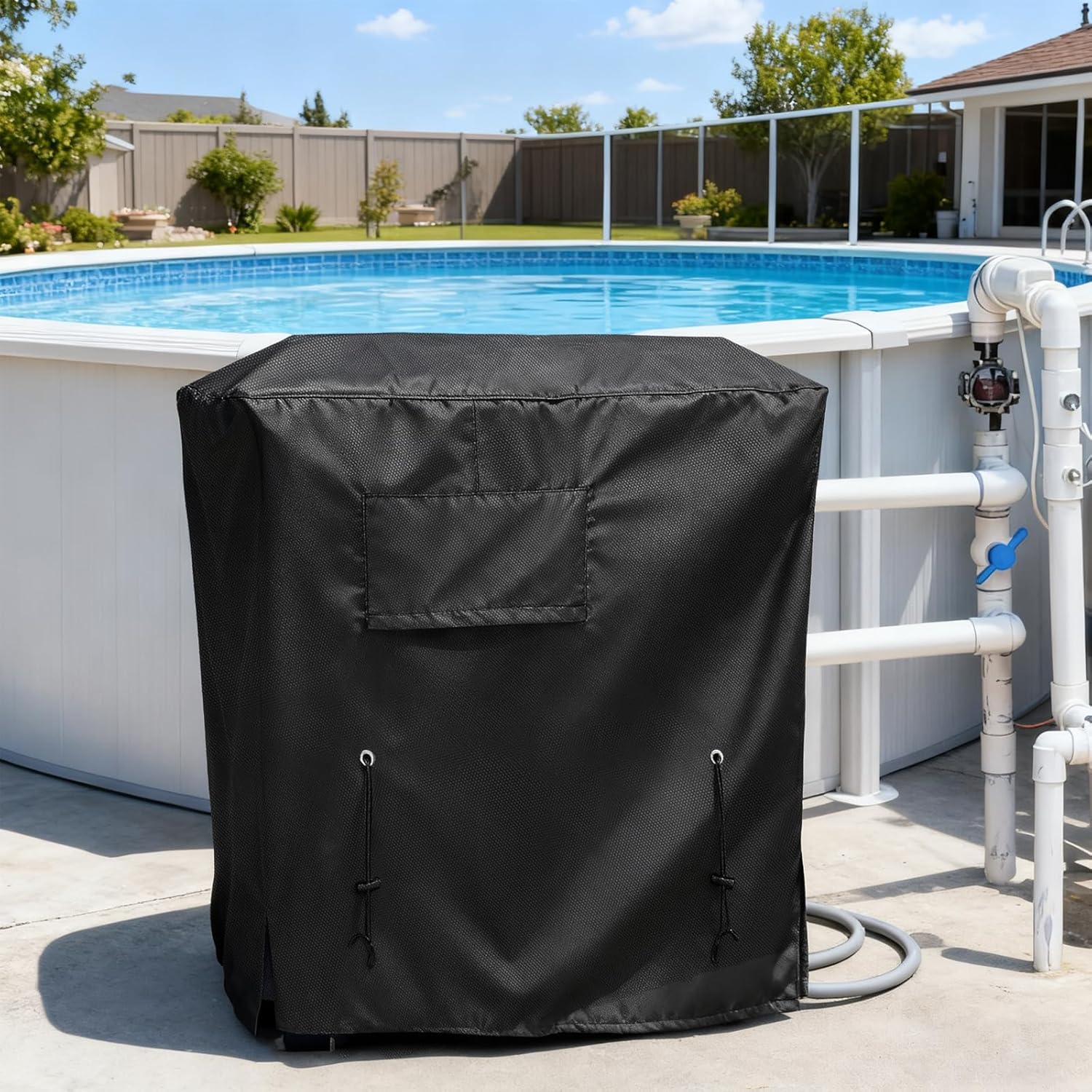 Pool Heater Cover Winter Outside Units, Waterproof Insulation Swimming Pool Heat Pump Covers, Adjustable to Different Sizes Suitable for Heaters up to 43" W X 35" D X 45" H (Black)