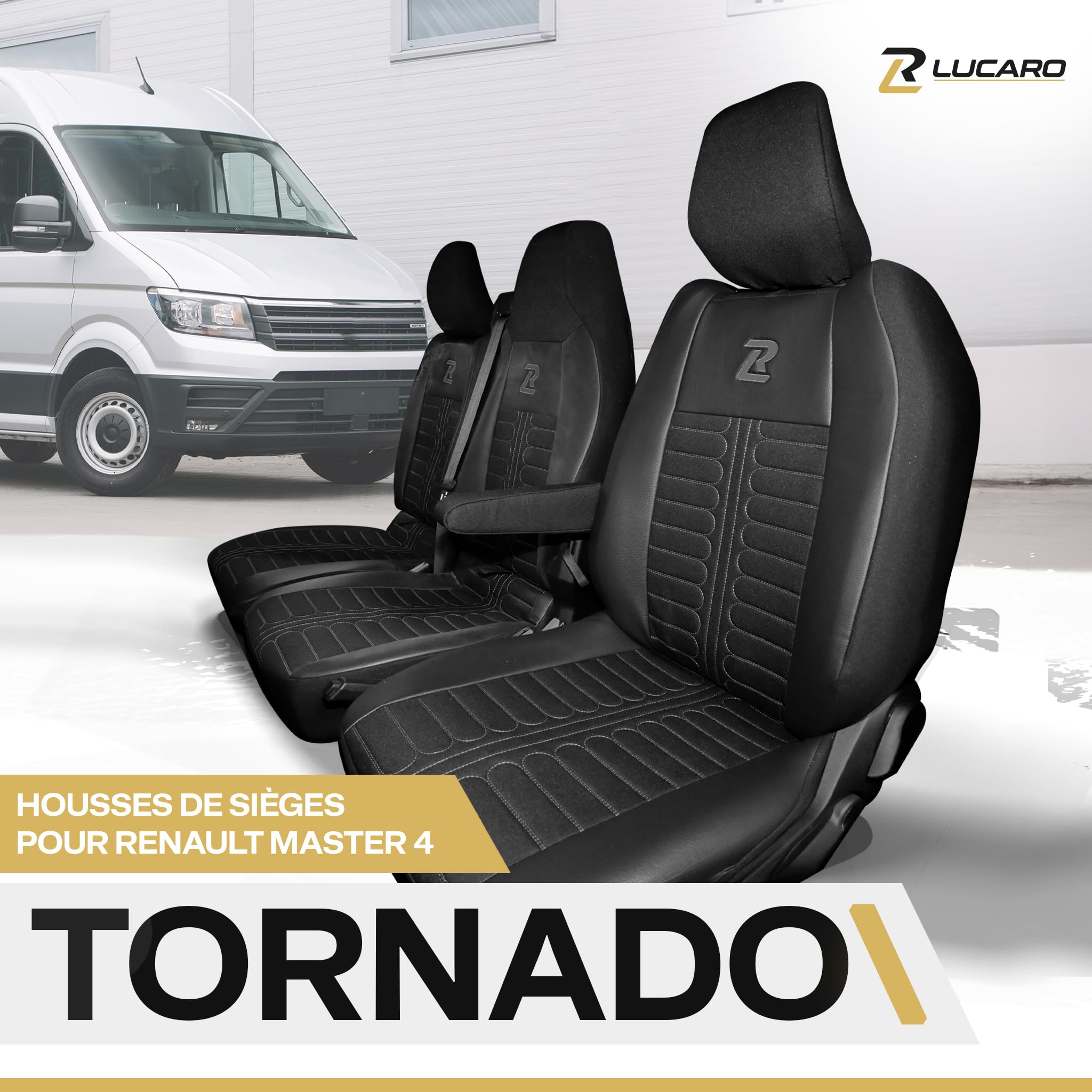 LUCARO Housse Siège Voiture Tornado pour Renault Master 4 | Pour Nissan Interstar 3, Dossier et Assise Divisés, Tissu Durable et Confortable, Similicuir