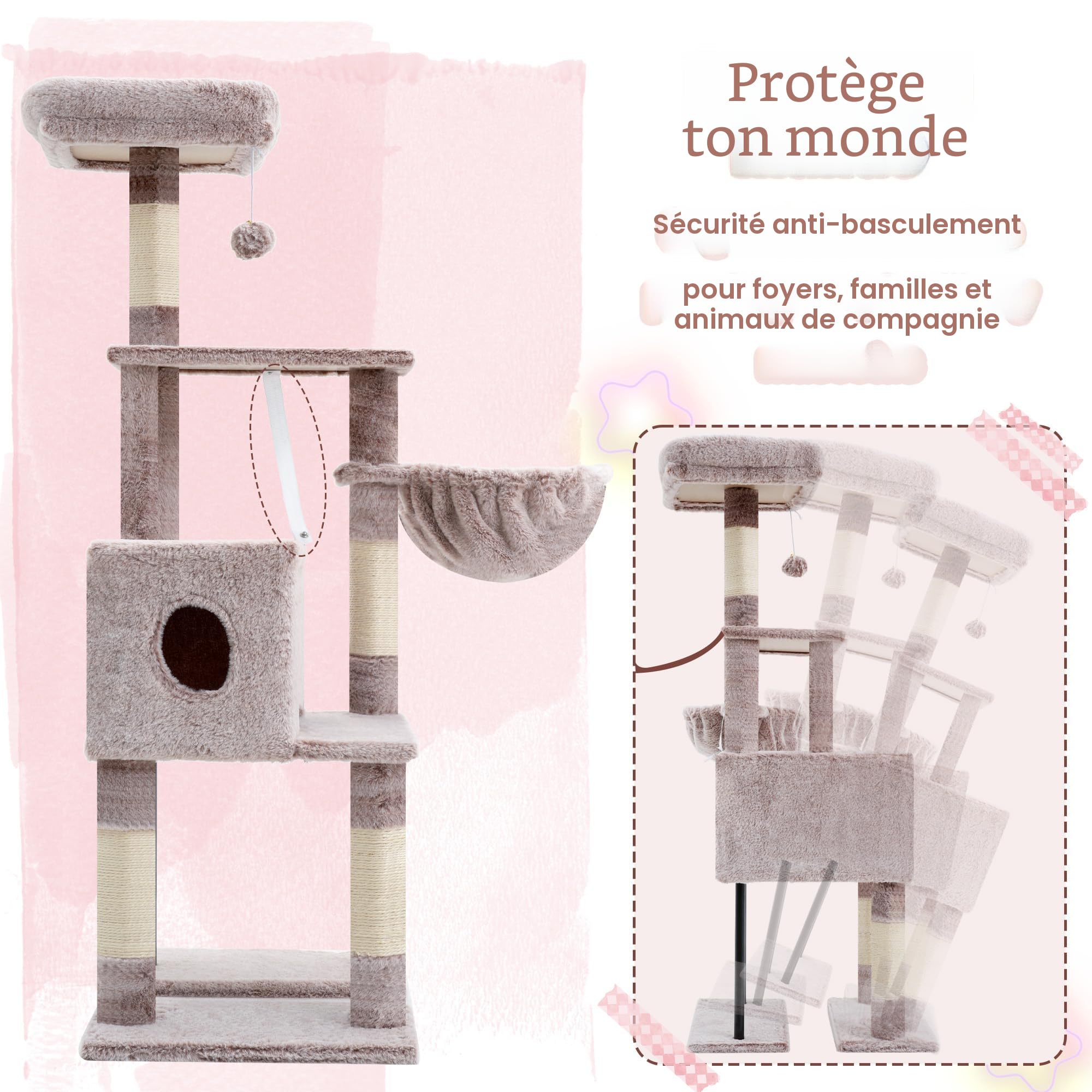 Heybly Arbre À Chat, 125 Cm Petit Arbre avec Niche, Plateforme Douce, Griffoir en Sisal, Panier Et Structure en Acier Robuste, Marron Beige HCT200SMU
