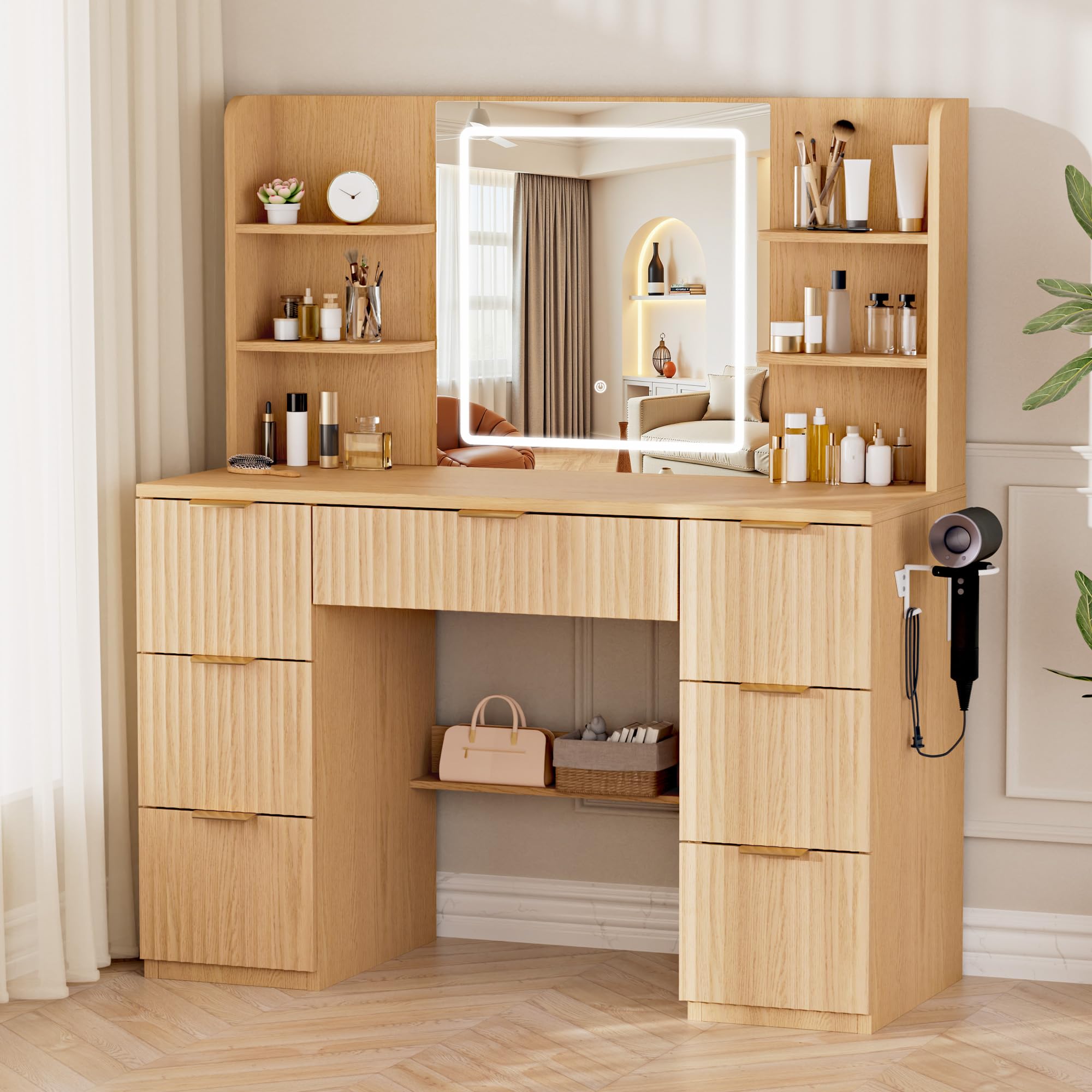 Large Natural Wood Vanity with Smart LED Mirror