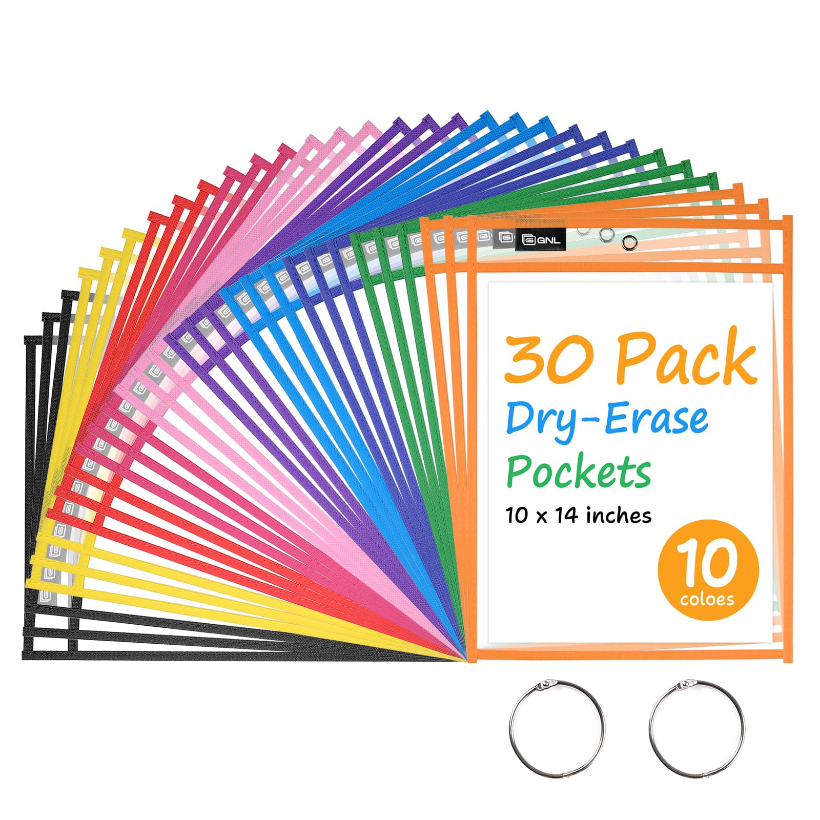 GNL Dry Erase Pocket Sleeves 30 Packs, Reusable Clear Plastic Ticket Holders with Rings, Durable & Easy-to-Erase Sheet Protectors, Assorted Colors