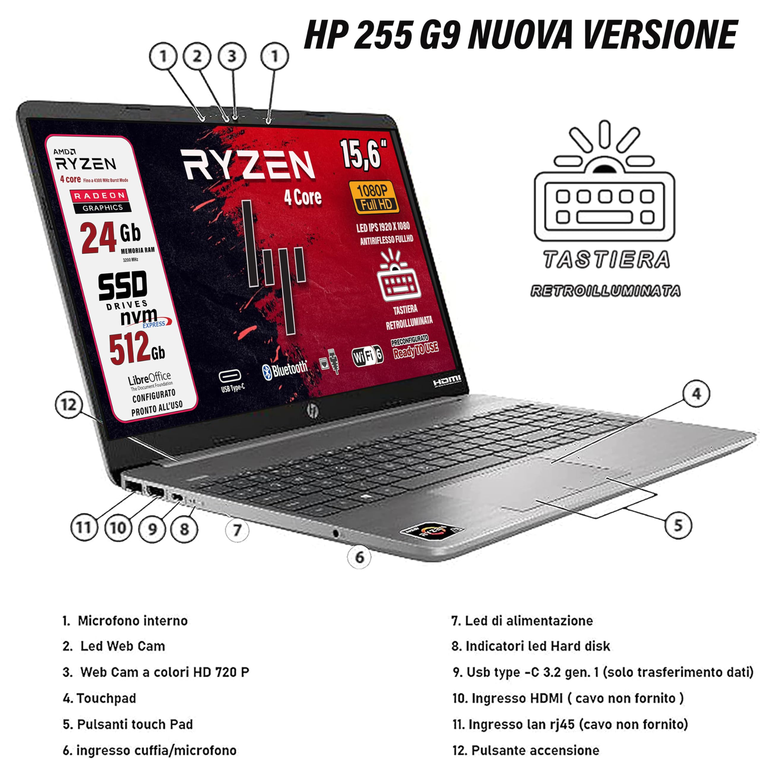 HP 255 G9 notebook portatile, 24 gb ddr4, SSD da 512 Gb display FHD 15.6", cpu Ryzen 3 5425 4 Core, Tastiera retroilluminata, Wi-fi 6, 3 usb, Win 11 Pro, libre office, pronto all'uso, garanzia italia