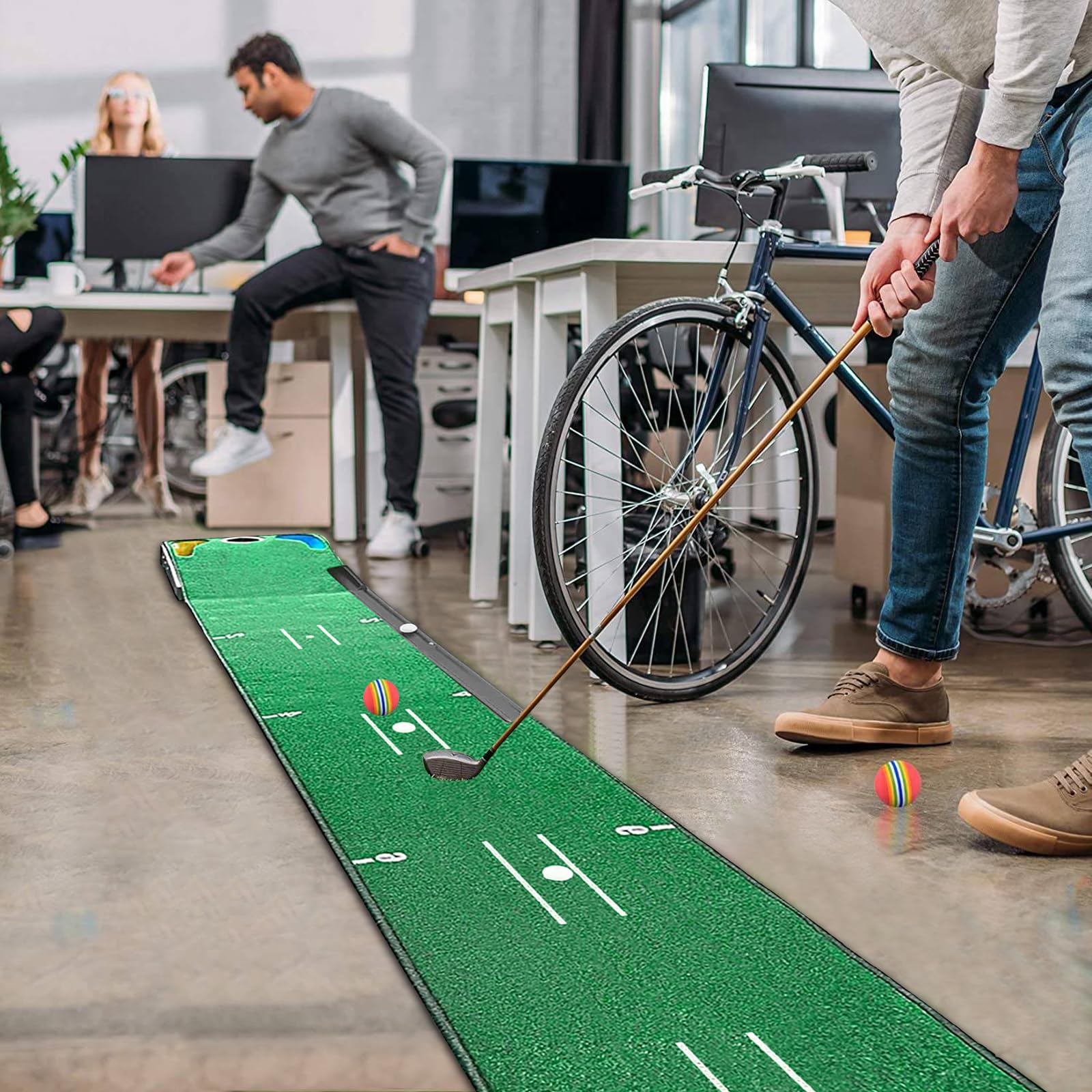 Juego de tapete de golf para interiores verde con bola automática y 3 agujeros ayuda de entrenamiento práctica