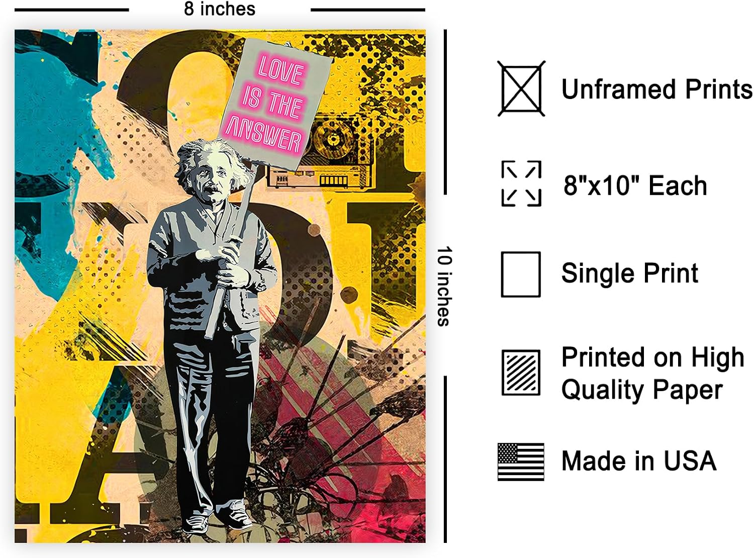 Poster Master Love Is The Answer Poster - Einstein Print - Mr. Brainwash & Abstract Graffiti Art - Street & Love Art - Living Room or Office Decor - 8x10 UNFRAMED Wall Art