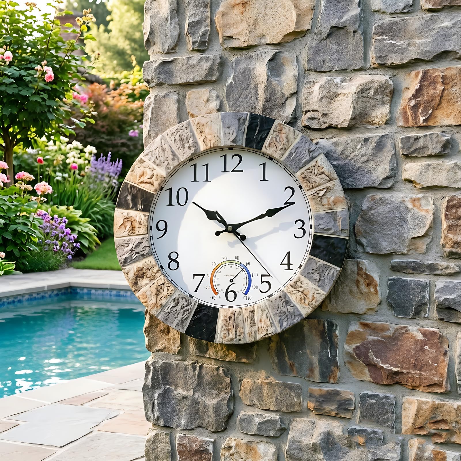 Horloge murale d'extérieur étanche avec thermomètre - 33 cm - Silencieuse et rustique - En résine résistante aux intempéries - Pour terrasse, piscine, jardin, porche, fausse pierre marron